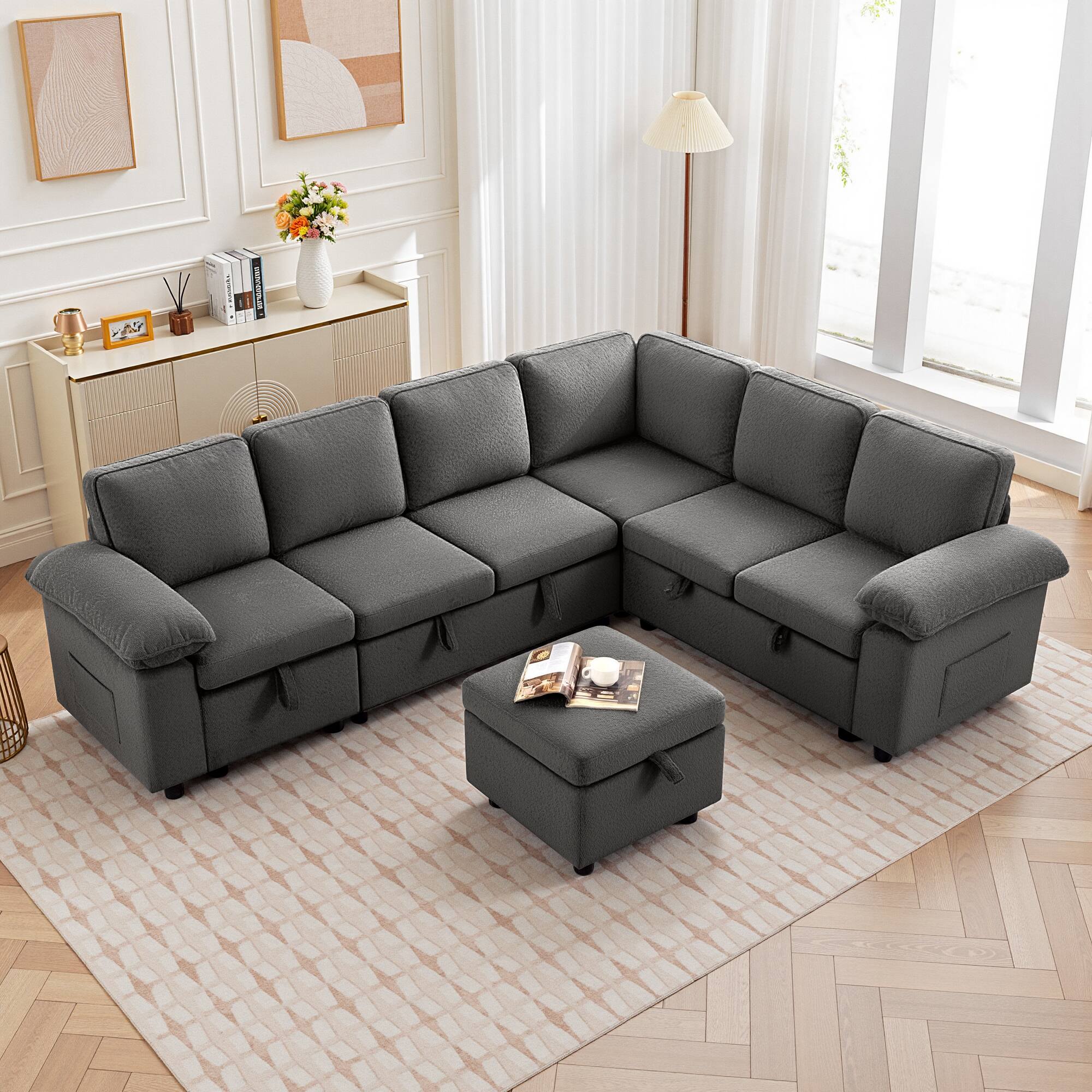 Alt View 1. KERDOM - Combined Convertible L-Shape Sofa with Storage Chaise for Living Room, Modular Sectional Sleeper Couch with Pull Out Bed - Grey-E.