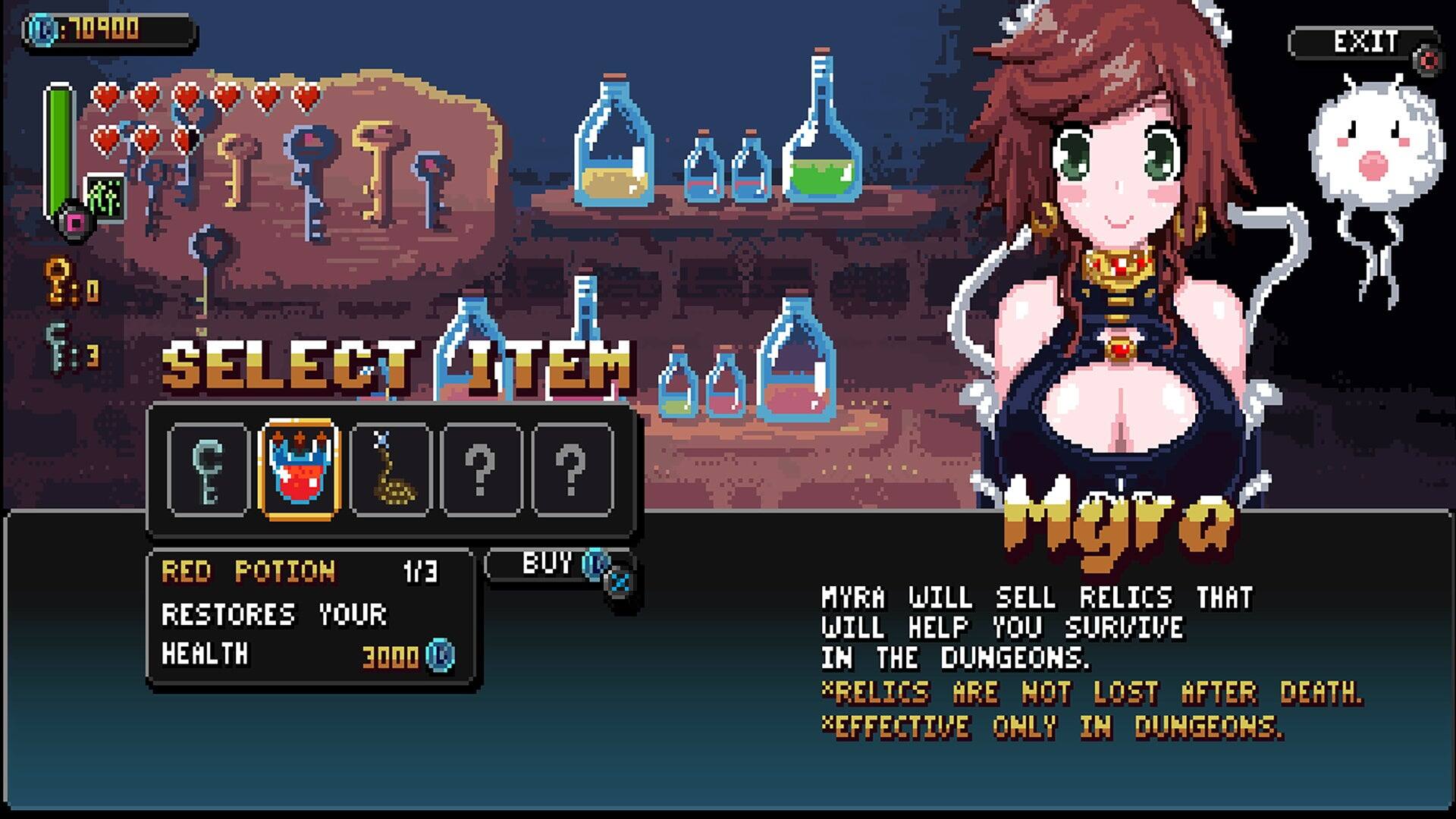 U01: EXIT  
AsA: Fi3  
SELECT ITEM  
RED POTION  
1/3  
BUY  
RESTORES YOUR HEALTH 3000  
MYRA WILL SELL RELICS THAT WILL HELP YOU SURVIVE IN THE DUNGEONS.  
*RELICS ARE NOT LOST AFTER DEATH.  
*EFFECTIVE ONLY IN DUNGEONS.