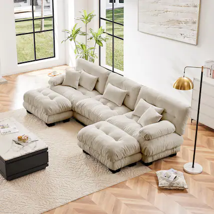Front. DOMETOUR - Luxury Modular Sectional Sofa Couch Oversized U Shaped Cloud Couch for Living Room,Deep Seat Sofa Couch with 2 Ottomans - Chenille Light coffee.