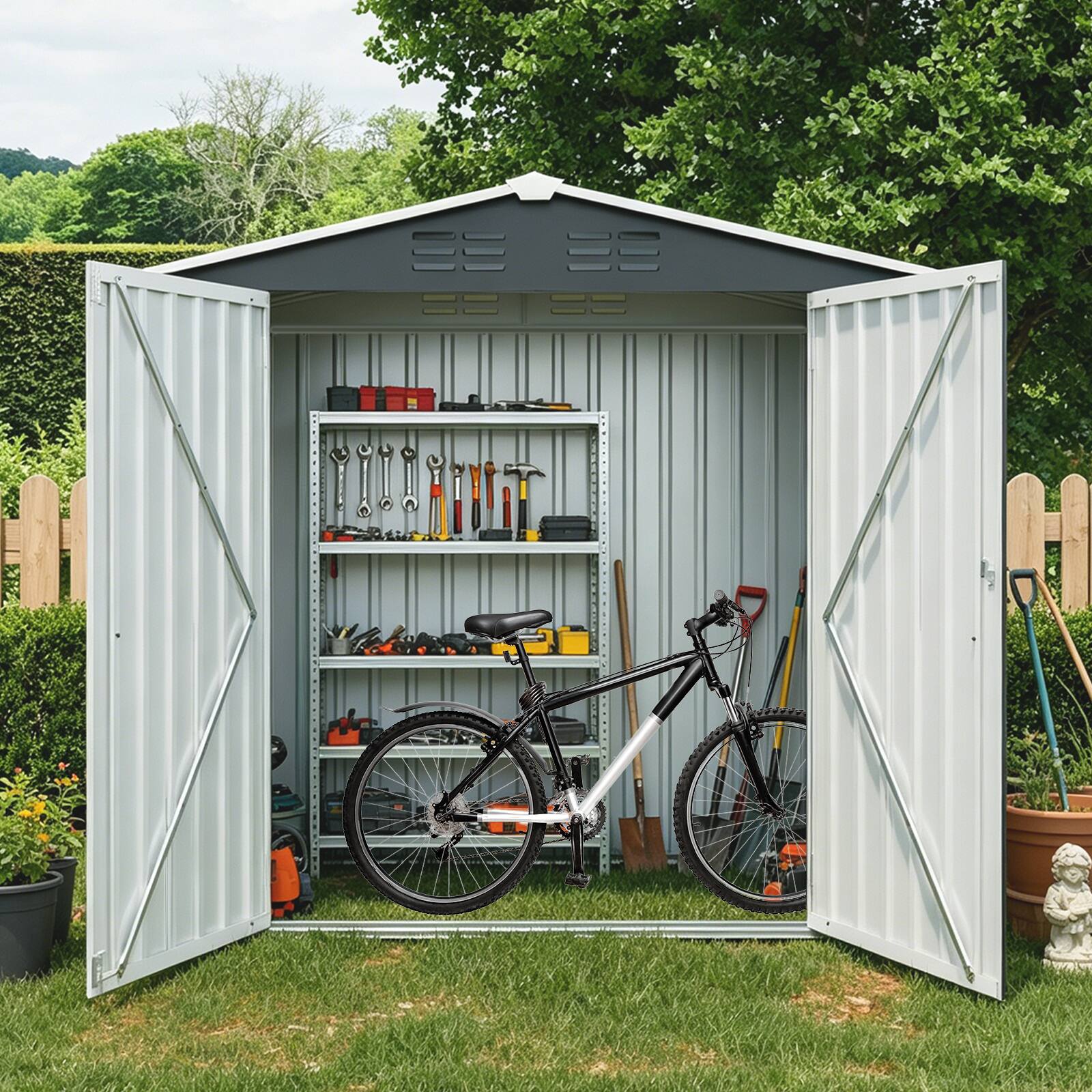 Angle. Loheer - Loheer 8x4 Metal Storage Shed Black Outdoor Garden Tool Shed with Lockable Latch for Backyard Patio.