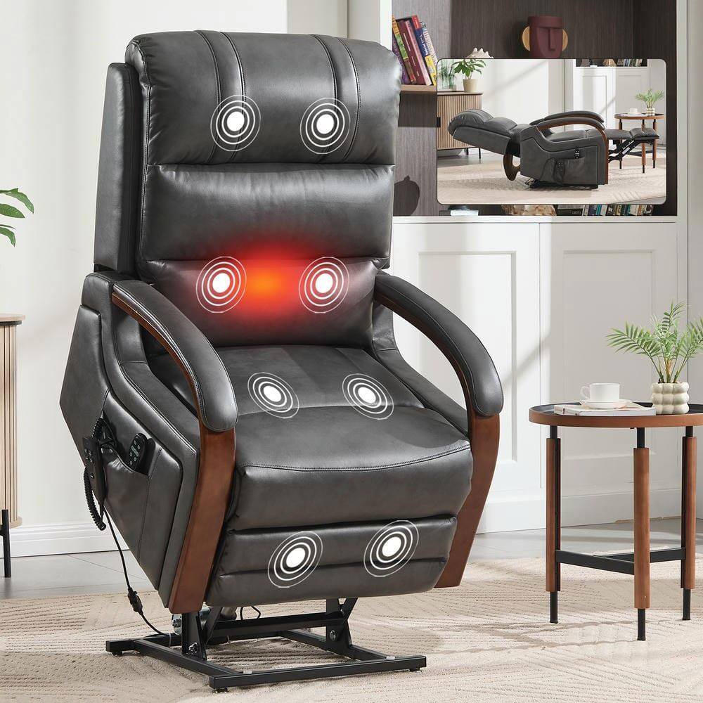 Front. Kadyn - Dual Motor Power Lift Recliner, 8-Point Massage & Heat, Solid Wood Armrests, 350lb Capacity, Gray - Gray.