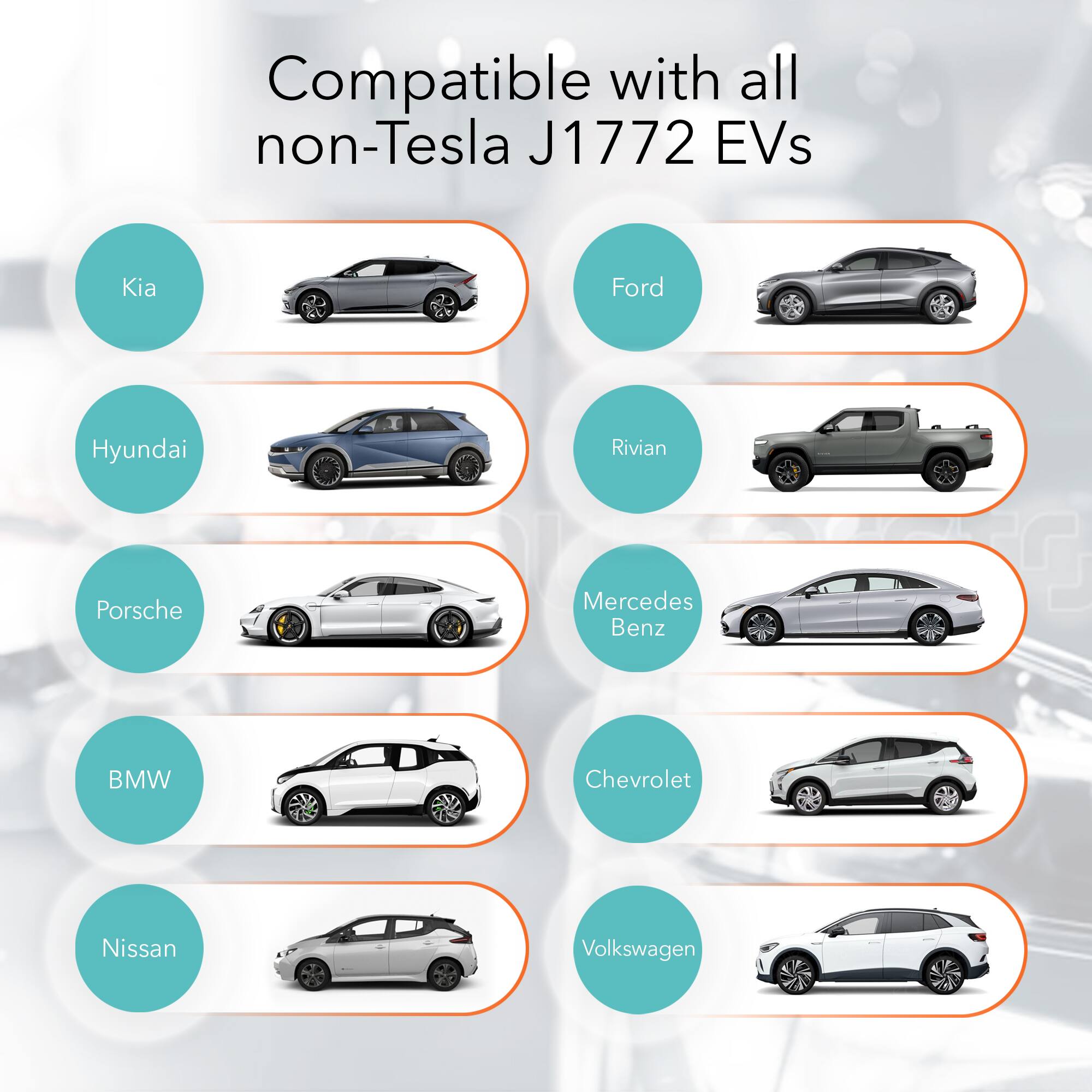 Compatible with all non-Tesla J1772 EVs: Kia, Ford, Hyundai, Rivian, Porsche, Mercedes Benz, BMW, Chevrolet, Nissan, Volkswagen.