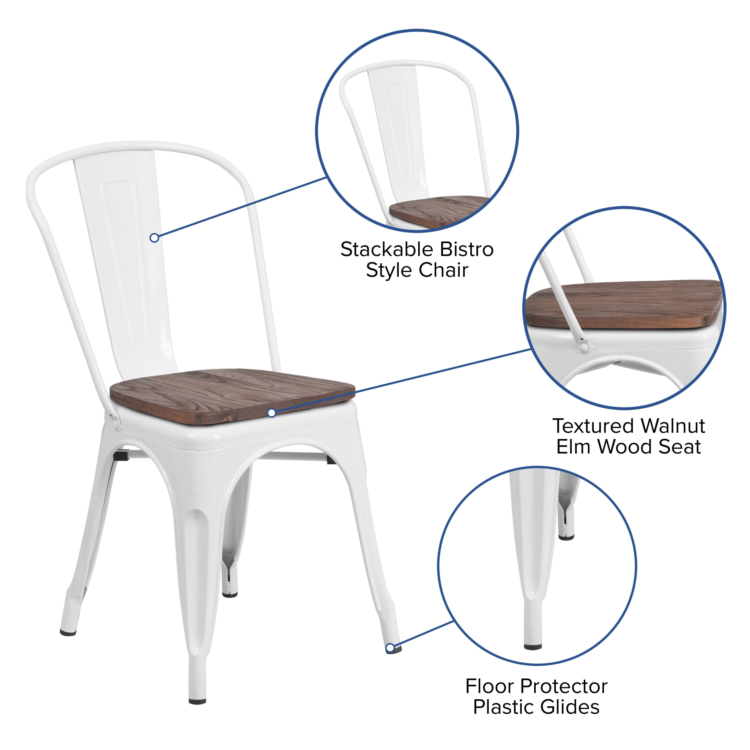 Stackable Bistro Style Chair  
Textured Walnut Elm Wood Seat  
Floor Protector Plastic Glides