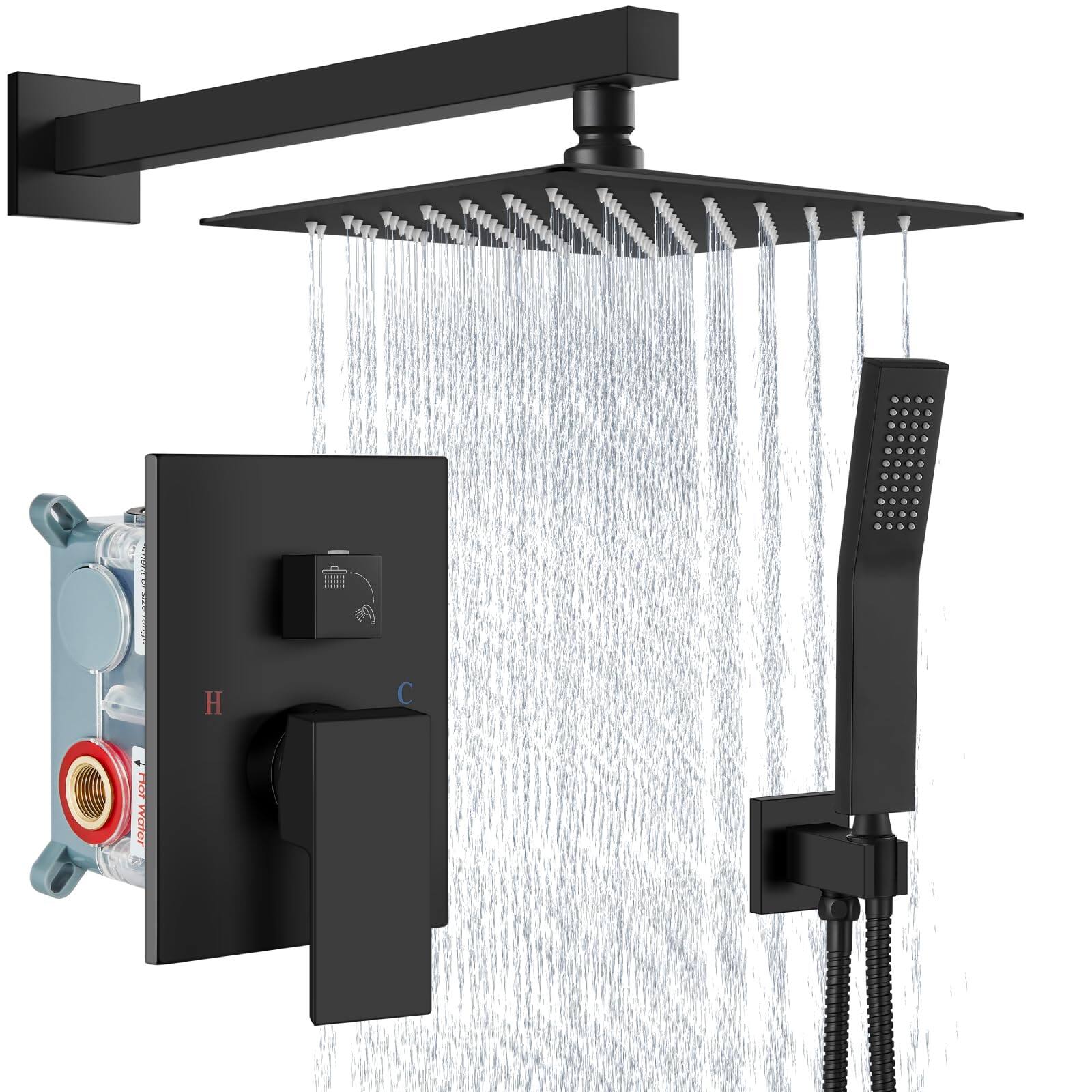 Alt View 1. Paradigms Interiors - Shower Faucet Set Rain System With Handheld Spray Bathroom Combo Rough in Valve And Trim Kit Included Wall ... - Matte Black-8 Inch Wall Mount Shower Head.