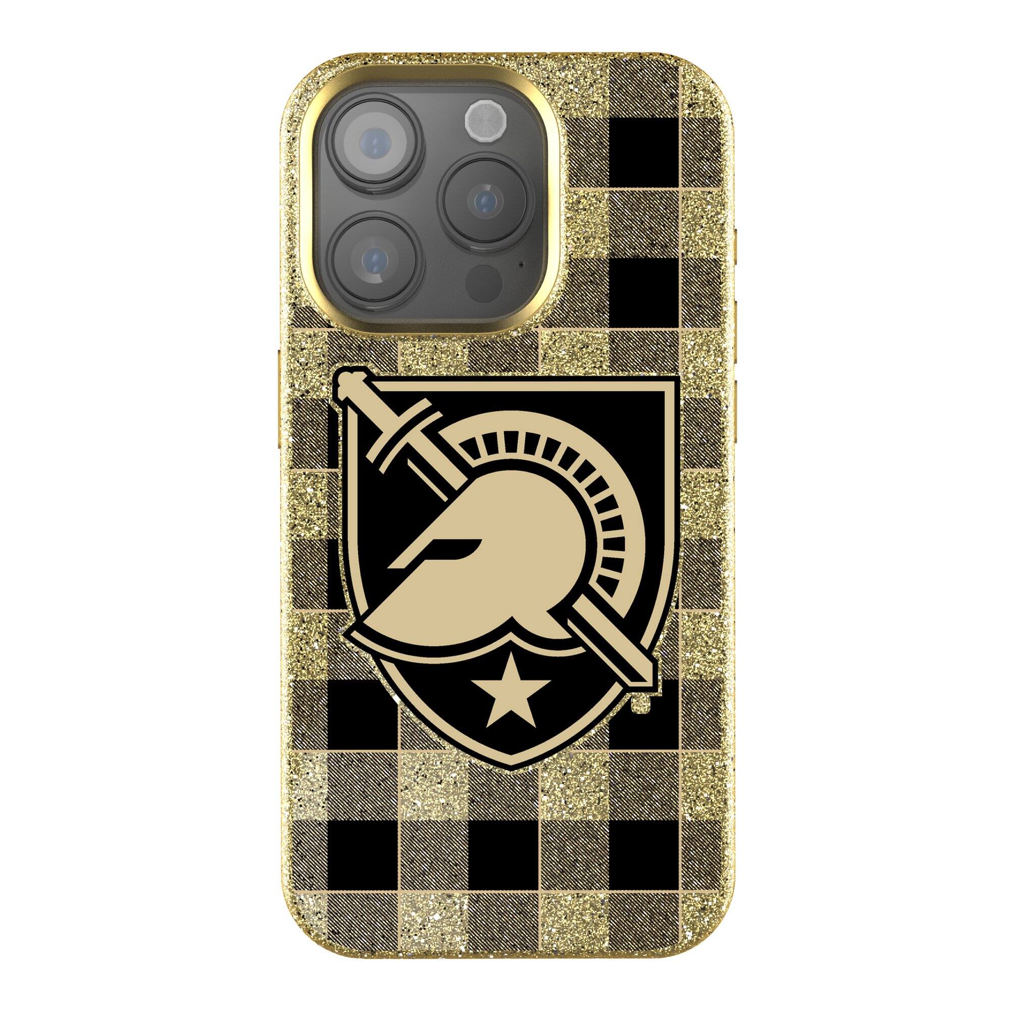 Front. Keyscaper - Army Black Knights Plaid Bling iPhone Case - 14 Plus - Gold.