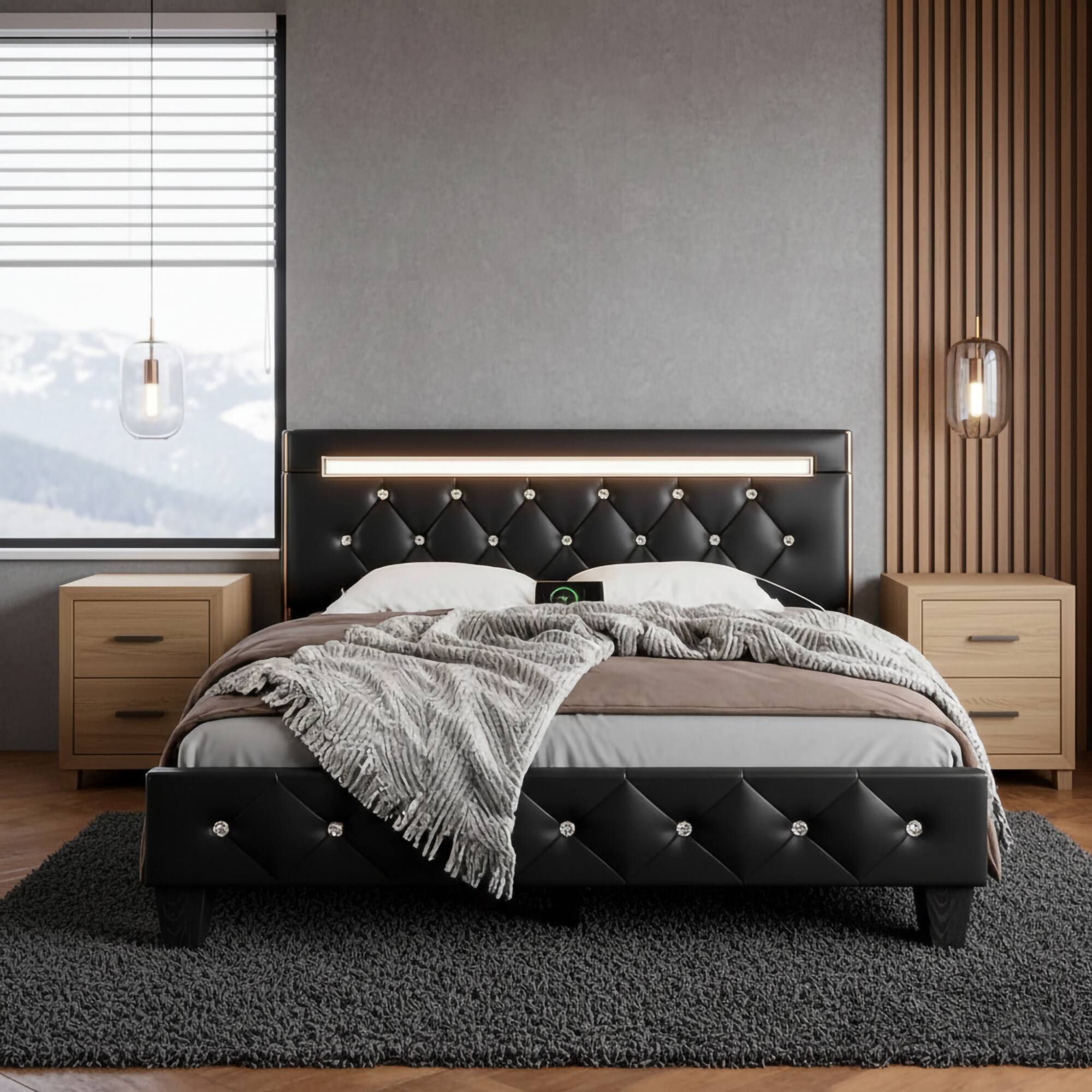 Angle. LUCKY ONE - Queen Size Upholstered Bed Frame with LED Light,Charging Station and Adjustable Headboard - Black.