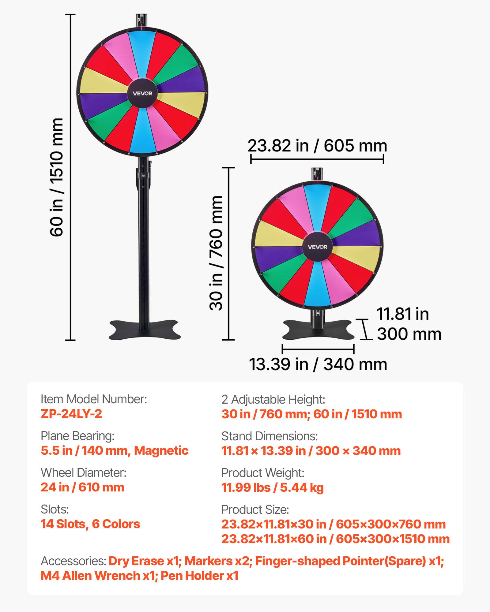 VEVOR

Item Model Number: ZP-24LY-2

Adjustable Height: 30 in / 760 mm; 60 in / 1510 mm

Plane Bearing: 5.5 in / 140 mm, Magnetic

Wheel Diameter: 24 in / 610 mm

Slots: 14 Slots, 6 Colors

Stand Dimensions: 11.81 x 13.39 in / 300 x 340 mm

Product Weight: 11.99 lbs / 5.44 kg

Product Size: 23.82 x 11.81 x 30 in / 605 x 300 x 760 mm; 23.82 x 11.81 x 60 in / 605 x 300 x 1510 mm

Accessories: Dry Erase x1; Markers x2; Finger-shaped Pointer(Spare) x1; M4 Allen Wrench x1; Pen Holder x1