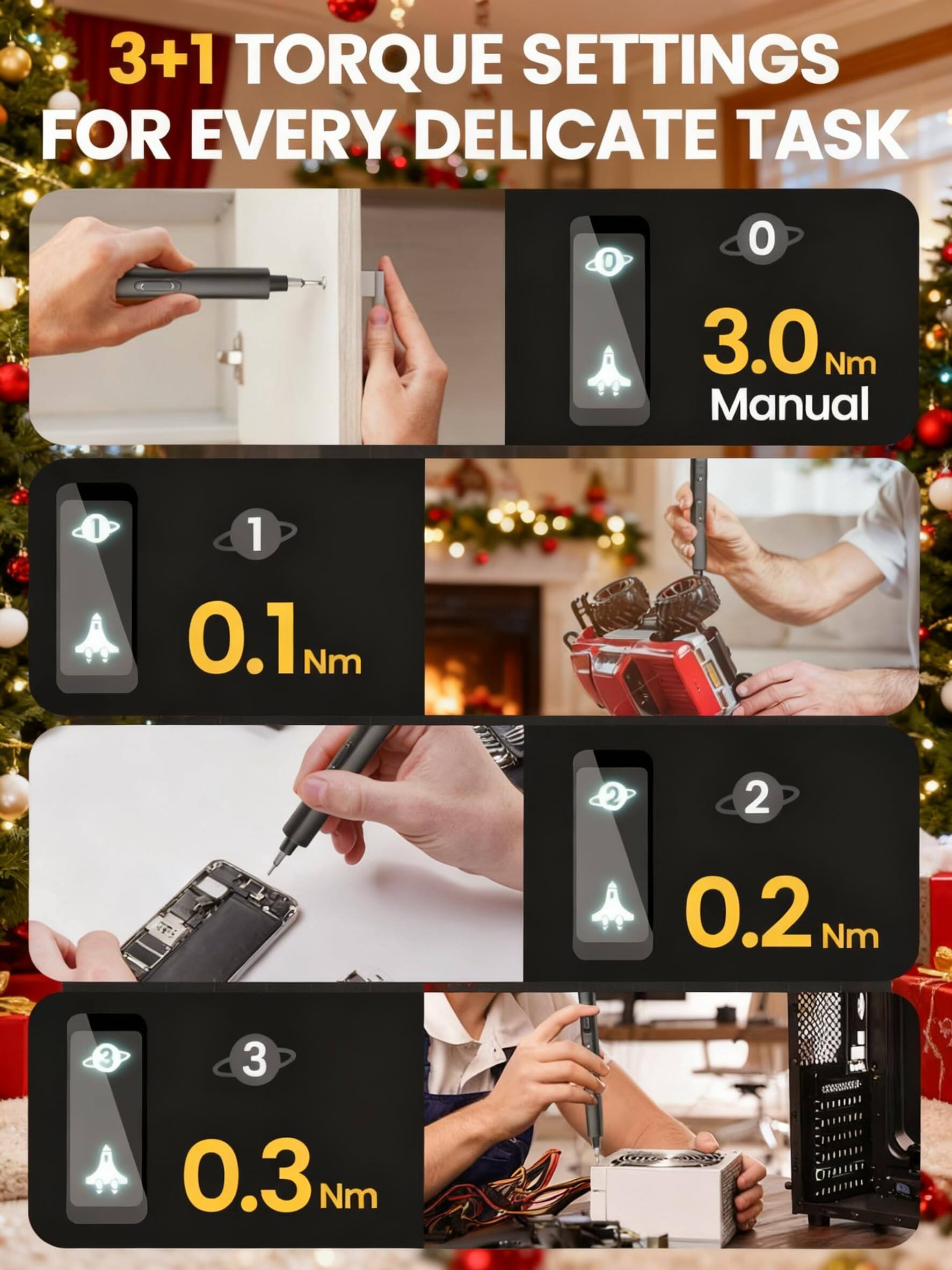 3+1 TORQUE SETTINGS FOR EVERY DELICATE TASK

0 3.0 Nm Manual

1 0.1 Nm

2 0.2 Nm

3 0.3 Nm