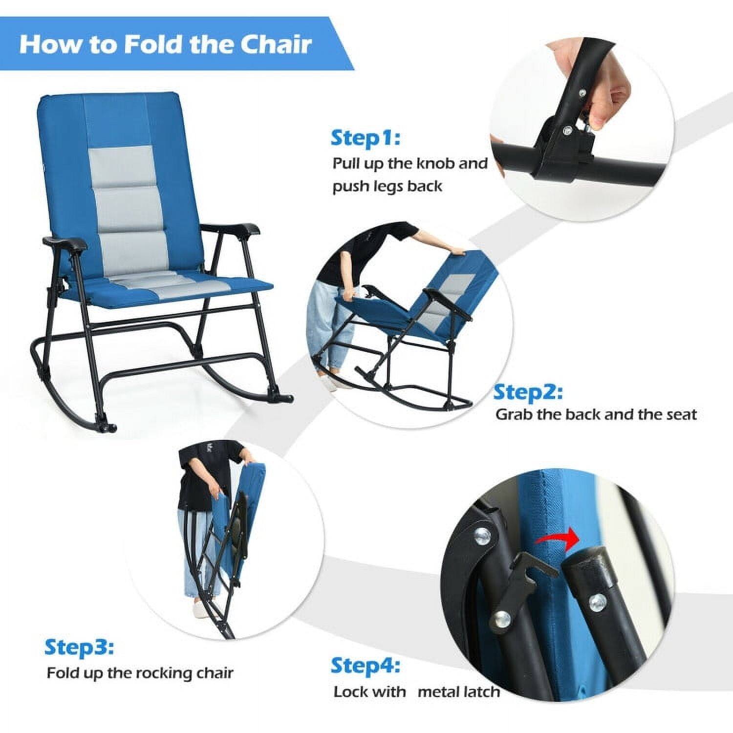 How to Fold the Chair

Step 1: Pull up the knob and push legs back

Step 2: Grab the back and the seat

Step 3: Fold up the rocking chair

Step 4: Lock with metal latch