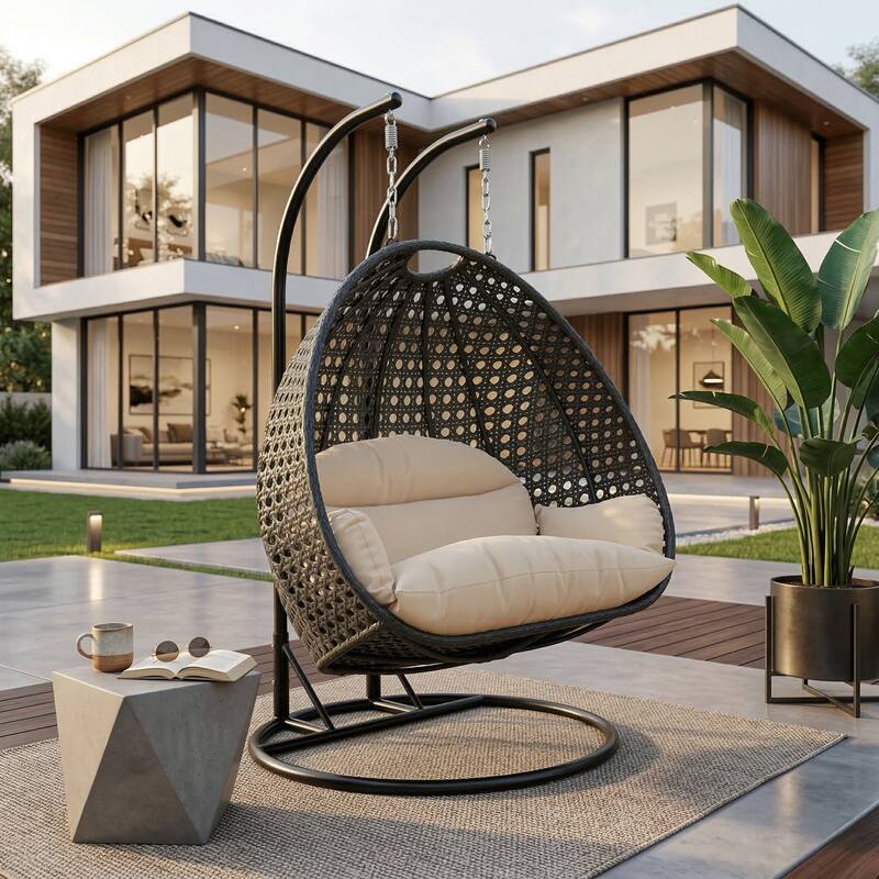 Angle. LeisureMod - Leisuremod Outdoor 2-Person Charcoal Wicker Egg Swing Chair with Steel Stand, Washable Cushions & Waterproof Cover - Cream.