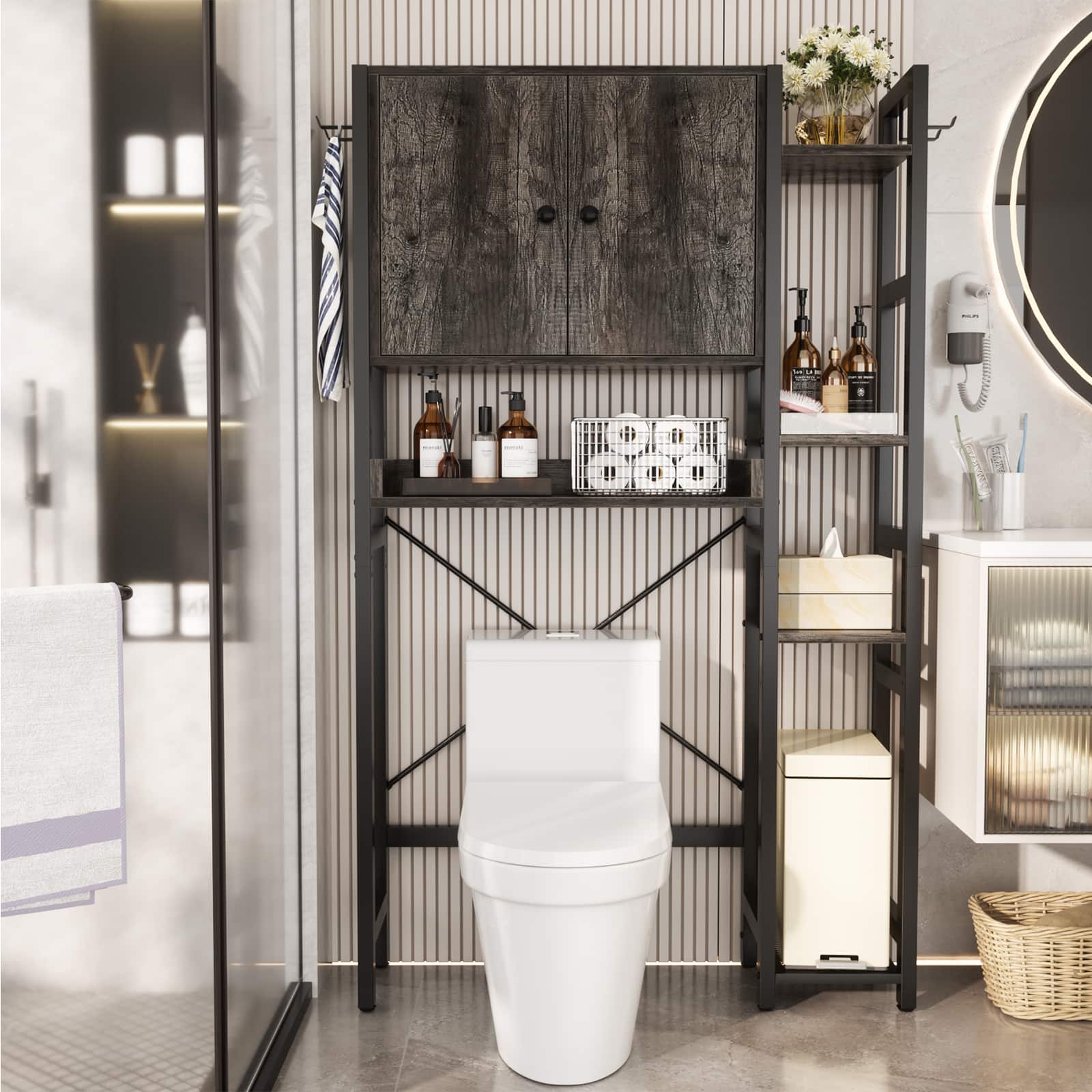 Aheaplus - Over The Toilet Storage Cabinet with Doors, 7 Tier Freestanding Bathroom Organizer with Adjustable Shelves & 4 Hooks - Gray Oak