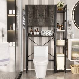 Aheaplus - Over The Toilet Storage Cabinet with Doors, 7 Tier Freestanding Bathroom Organizer with Adjustable Shelves & 4 Hooks - Gray Oak