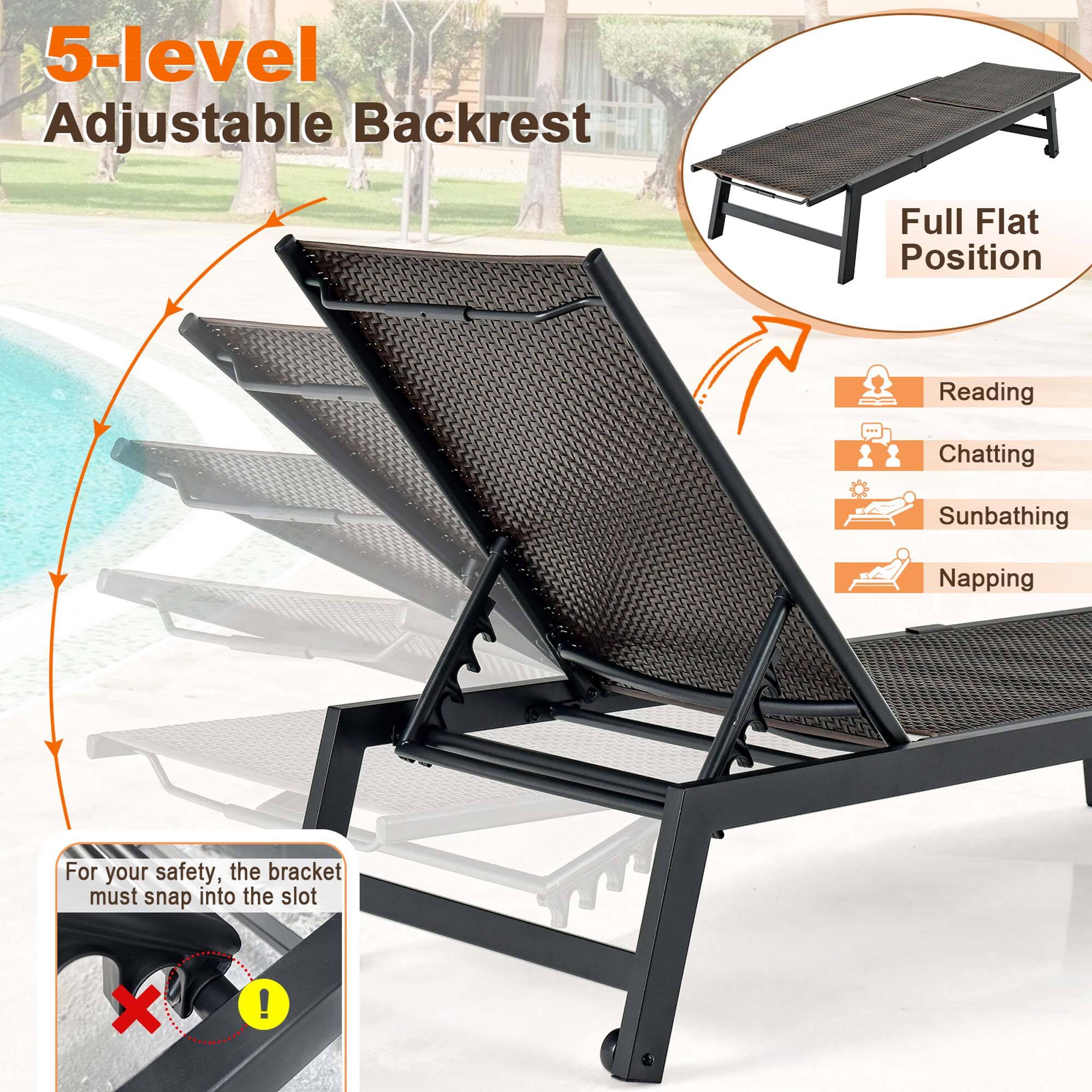 5-level Adjustable Backrest  
Full Flat Position  
Reading  
Chatting  
Sunbathing  
Napping  

For your safety, the bracket must snap into the slot X!