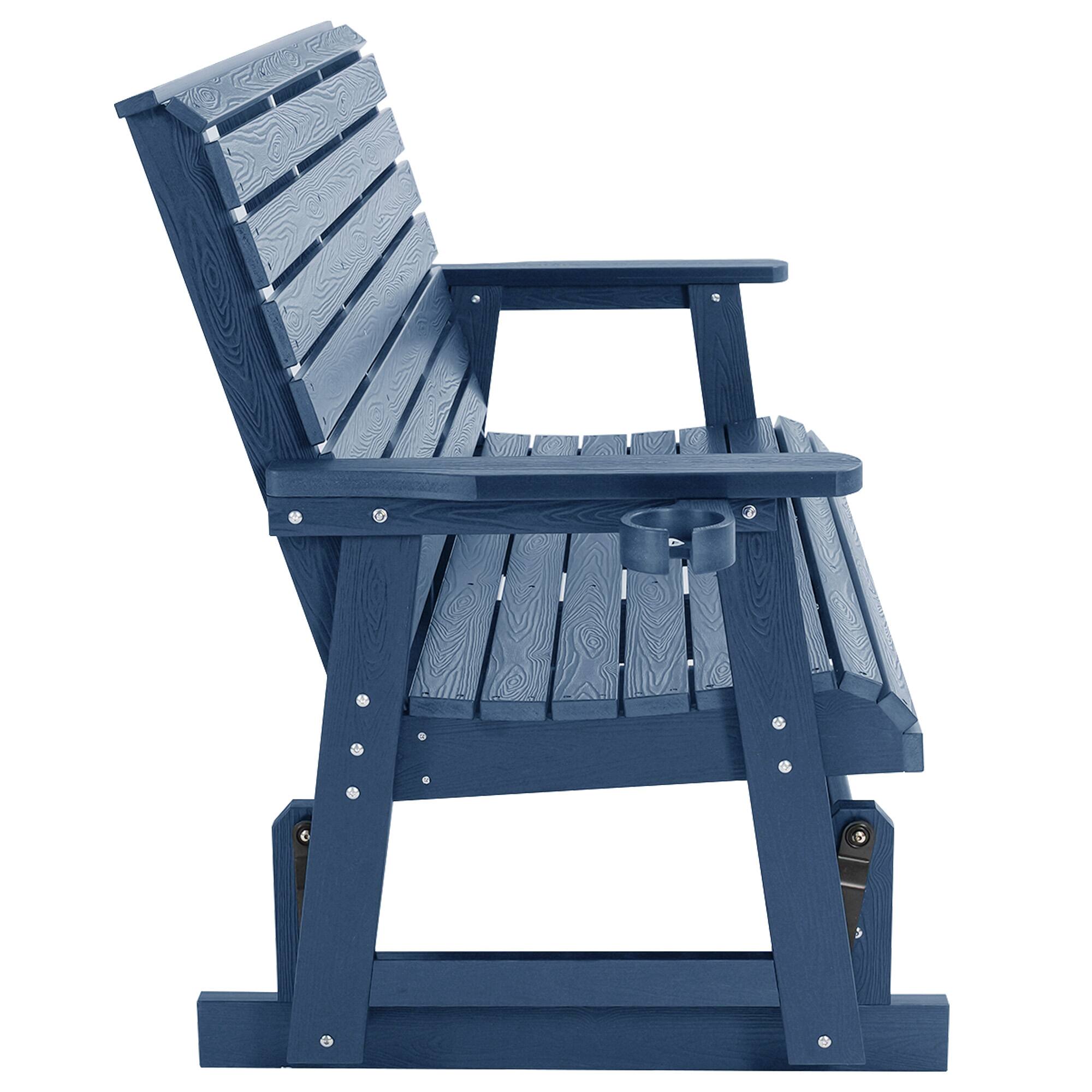 Alt View 7. Fortune Candy - HIPS Patio Glider Bench w/Cup Holders, All-Weather Poly Lumber, High Back & Deep Contoured Seat, for Porch Yard Garden - Navy Blue.