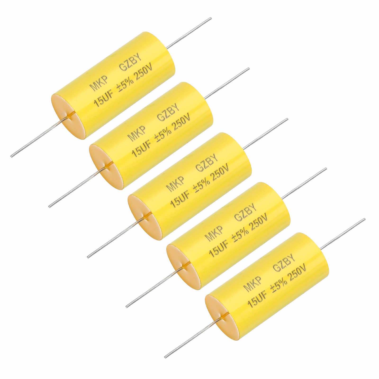 Unique Bargains - 5pcs 15uf Frequency Divider Capacitor, 250V Axial Audio Speaker Crossover MKP Film Capacitor - Yellow