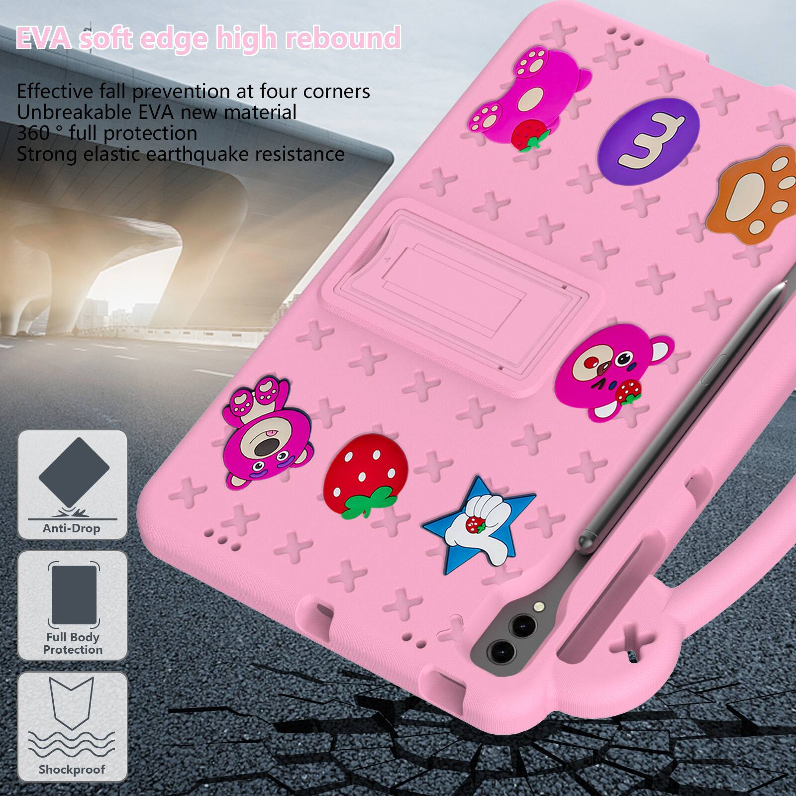 EVA soft edge high rebound  
Effective fall prevention at four corners  
Unbreakable EVA new material  
360° full protection  
Strong elastic earthquake resistance  
Anti-Drop Full Body Protection Shockproof