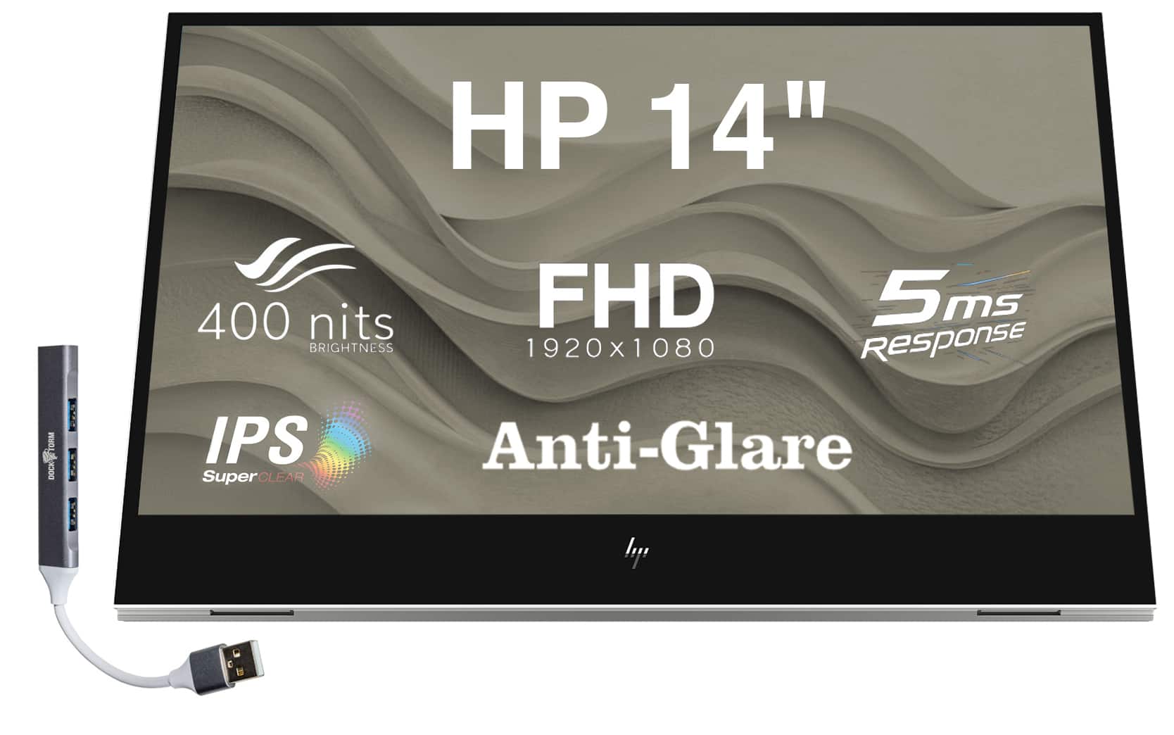 HP - 14" FHD IPS Portable Monitor with 5ms Response Time, Anti-Glare, Flicker Free, 400 nits Brightness & DKZ Hub - Silver