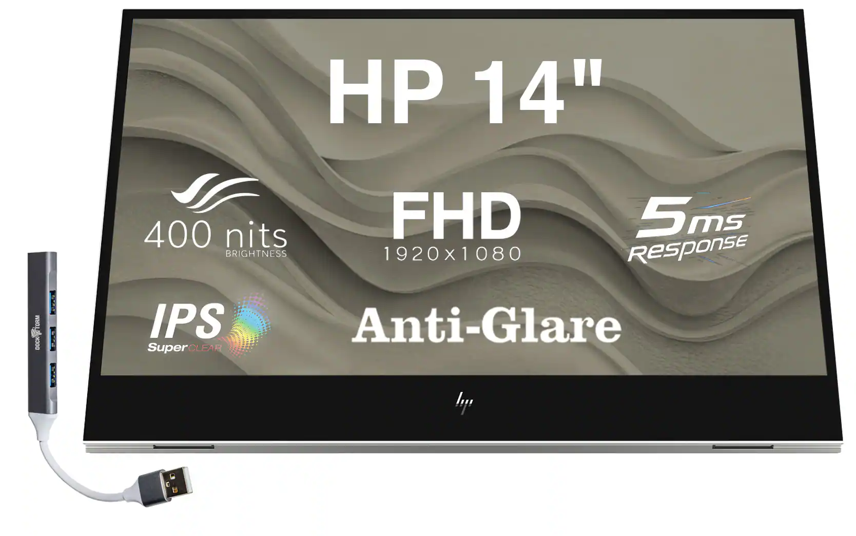 HP - 14" FHD IPS Portable Monitor with 5ms Response Time, Anti-Glare, Flicker Free, 400 nits Brightness & DKZ Hub - Silver