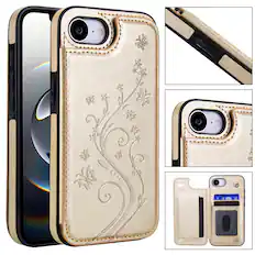 Front. Dteck - For Apple iPhone 17e / 16e Wallet Case Flower Embossed Pattern PU Leather Card Slots Flip Kickstand Shockproof Cover - Gold.