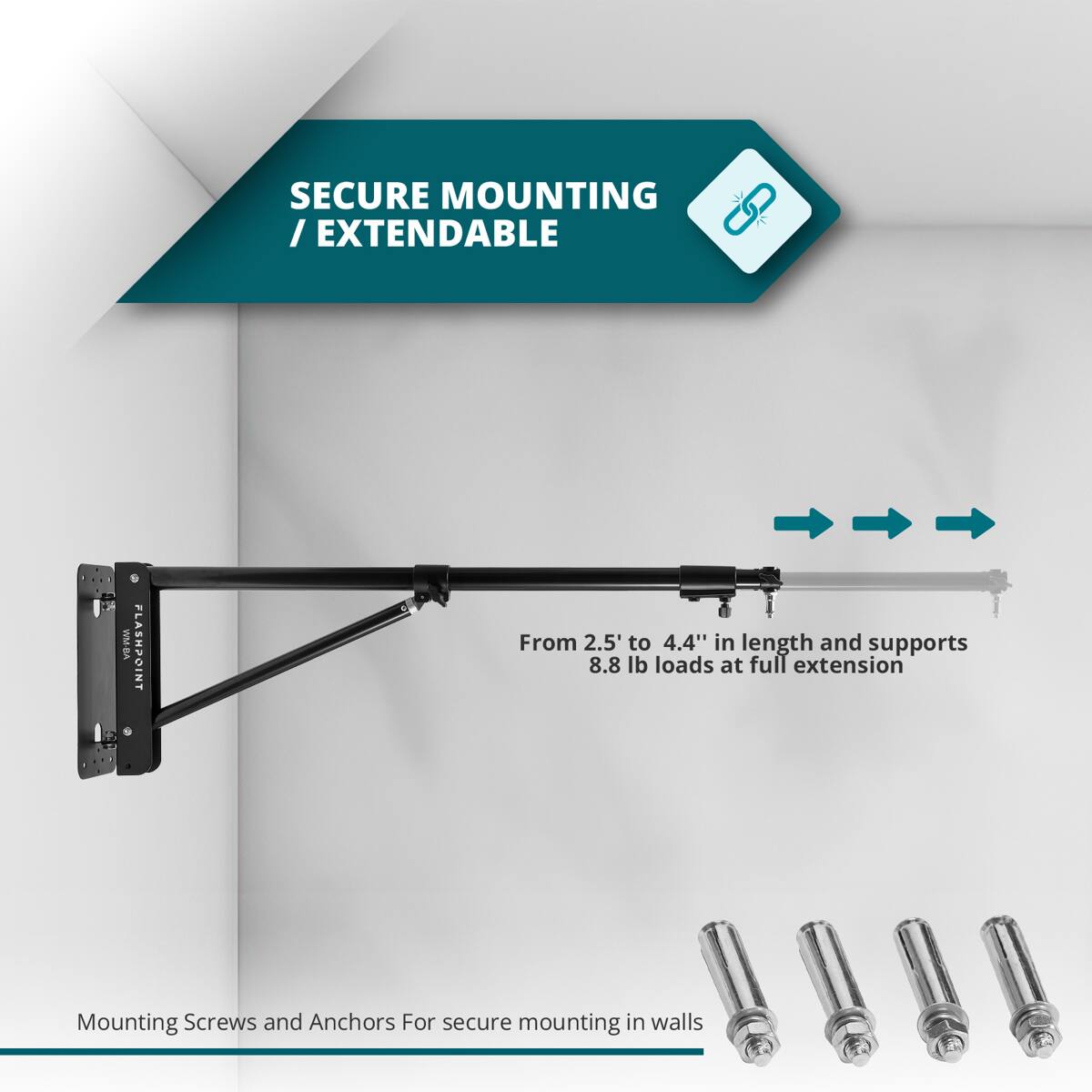 SECURE MOUNTING / EXTENDABLE

From 2.5' to 4.4" in length and supports 8.8 lb loads at full extension

Mounting Screws and Anchors For secure mounting in walls
