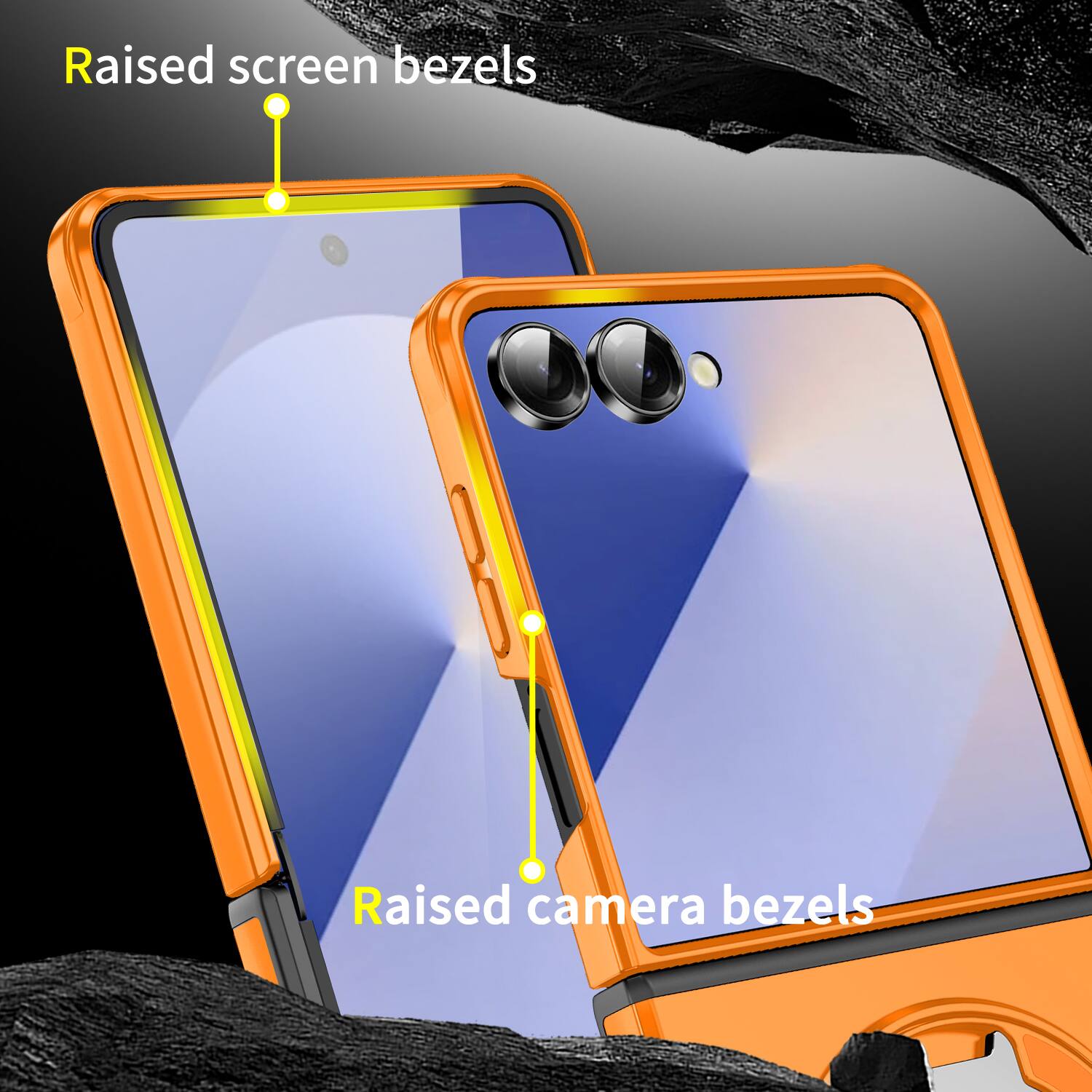 Raised screen bezels  
Raised camera bezels
