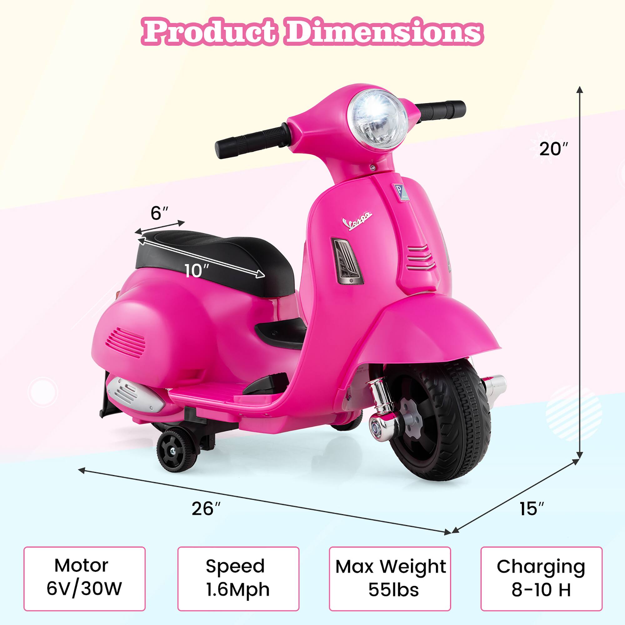 Product Dimensions

- Length: 26"
- Width: 15"
- Height: 20"
- Seat Height: 10"
- Seat Width: 6"

Motor: 6V/30W

Speed: 1.6Mph

Max Weight: 55lbs

Charging: 8-10 H