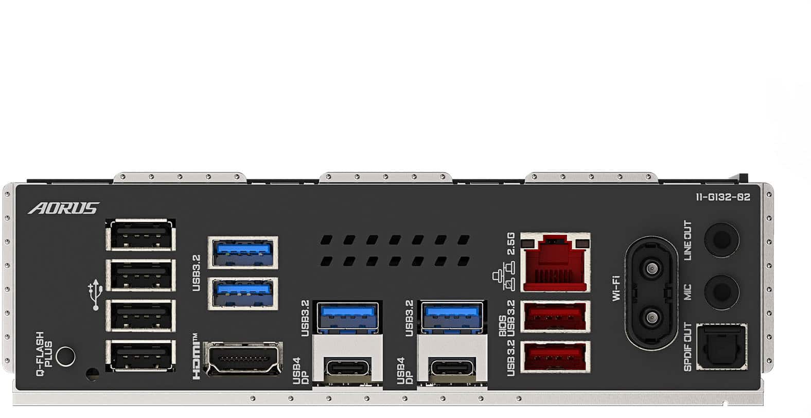 Aorus Q-Flash Plus 2 USB3.2 HOMINT USB3.2 USB4 DP USB3.2 USB4 DP 2.5G 3.2 BIOS USB 3.2 USB Wi-Fi 11-G132-82 OUT LINEOL MIC OUT SPDIF