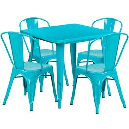 Emma + Oliver - Commercial Grade 31.5" Square Metal Indoor-Outdoor Table Set with 4 Stack Chairs - Crystal Teal-Blue