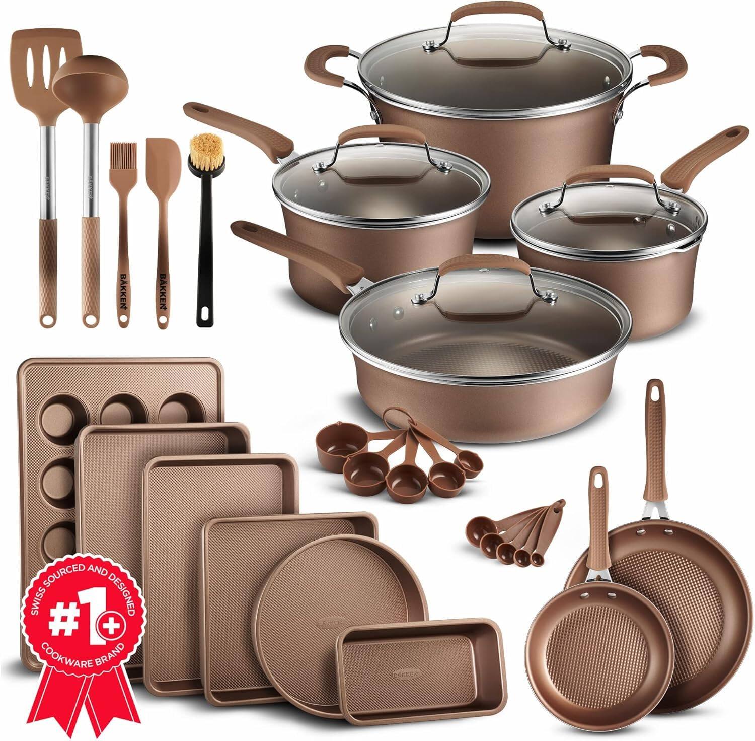Bakken- Swiss - Pots and Pans Set Non Stick Ceramic, 23-Piece Cookware & Bakeware Sets with Plaid Pattern, Stackable Design, Dishwasher - Golden
