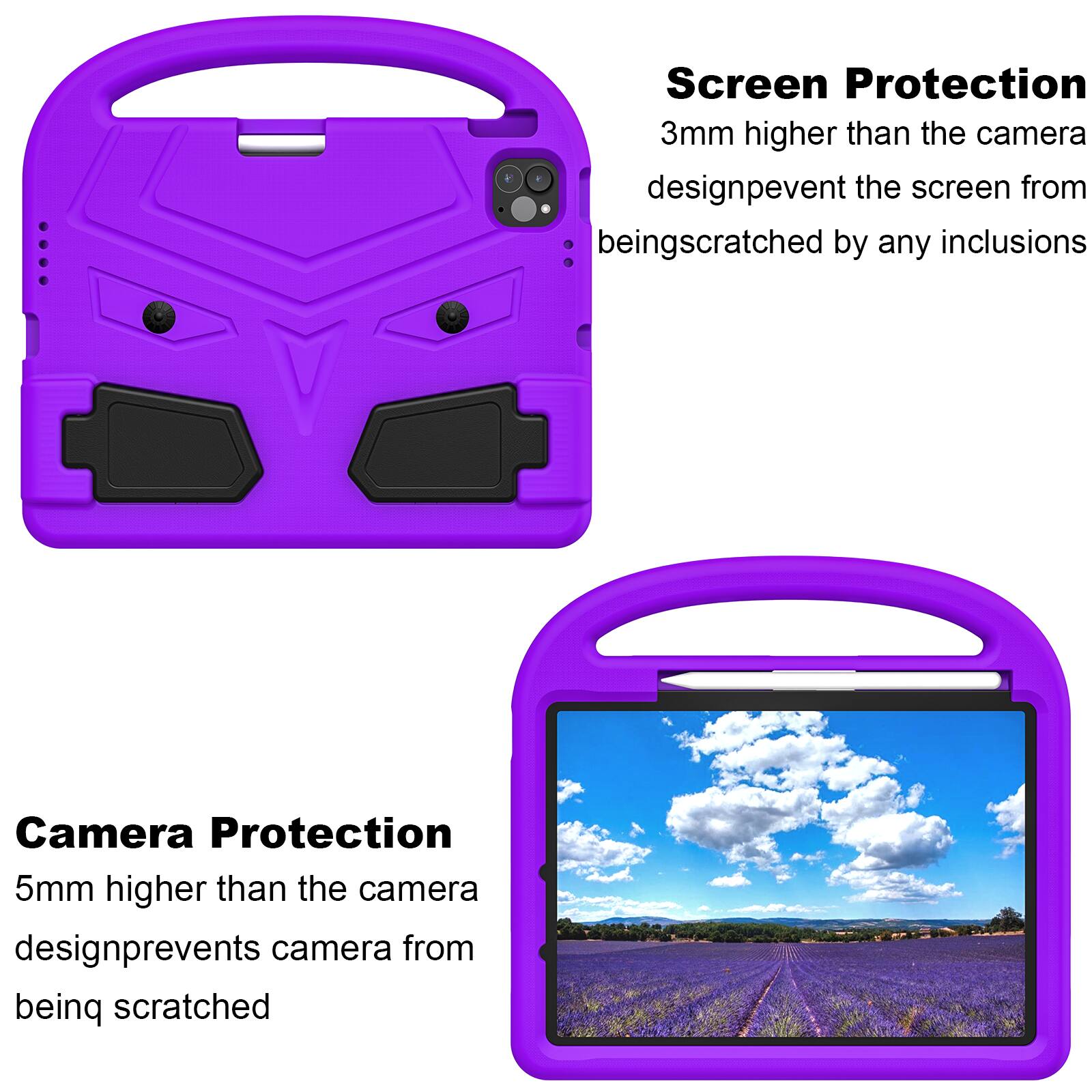 Screen Protection  
3mm higher than the camera design prevents the screen from being scratched by any inclusions  

Camera Protection  
5mm higher than the camera design prevents the camera from being scratched