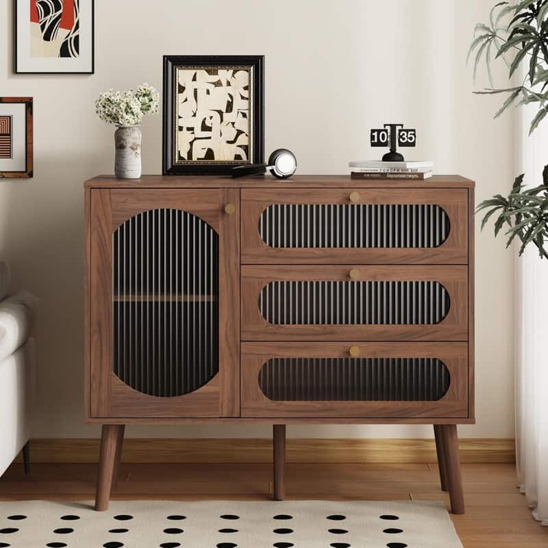 ALEXOUN - Retro Storage Cabinet with 3 Drawers & Fluted Glass Door,Simple & Easy to Use,Credenza for Living Room, Kitchen, Hallway - Brown