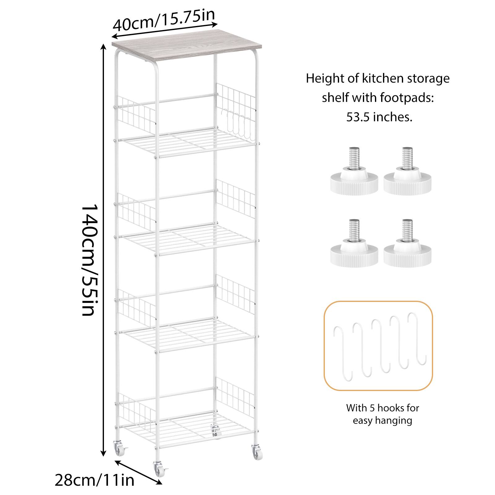 Height of kitchen storage shelf with footpads: 53.5 inches.

40cm/15.75in

140cm/55in

28cm/11in

With 5 hooks for easy hanging