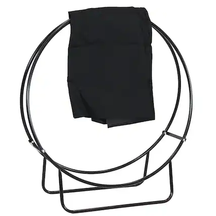 Front. Sunnydaze - 40 in Powder-Coated Steel Firewood Log Hoop Rack with Cover - Black.