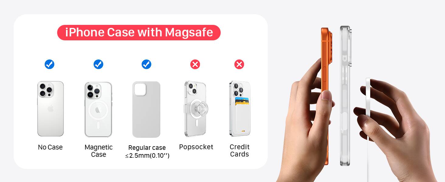 iPhone Case with Magsafe

- No Case
- Magnetic Case
- Regular case <2.5mm(0.10")
- Popssocket
- Credit Cards
