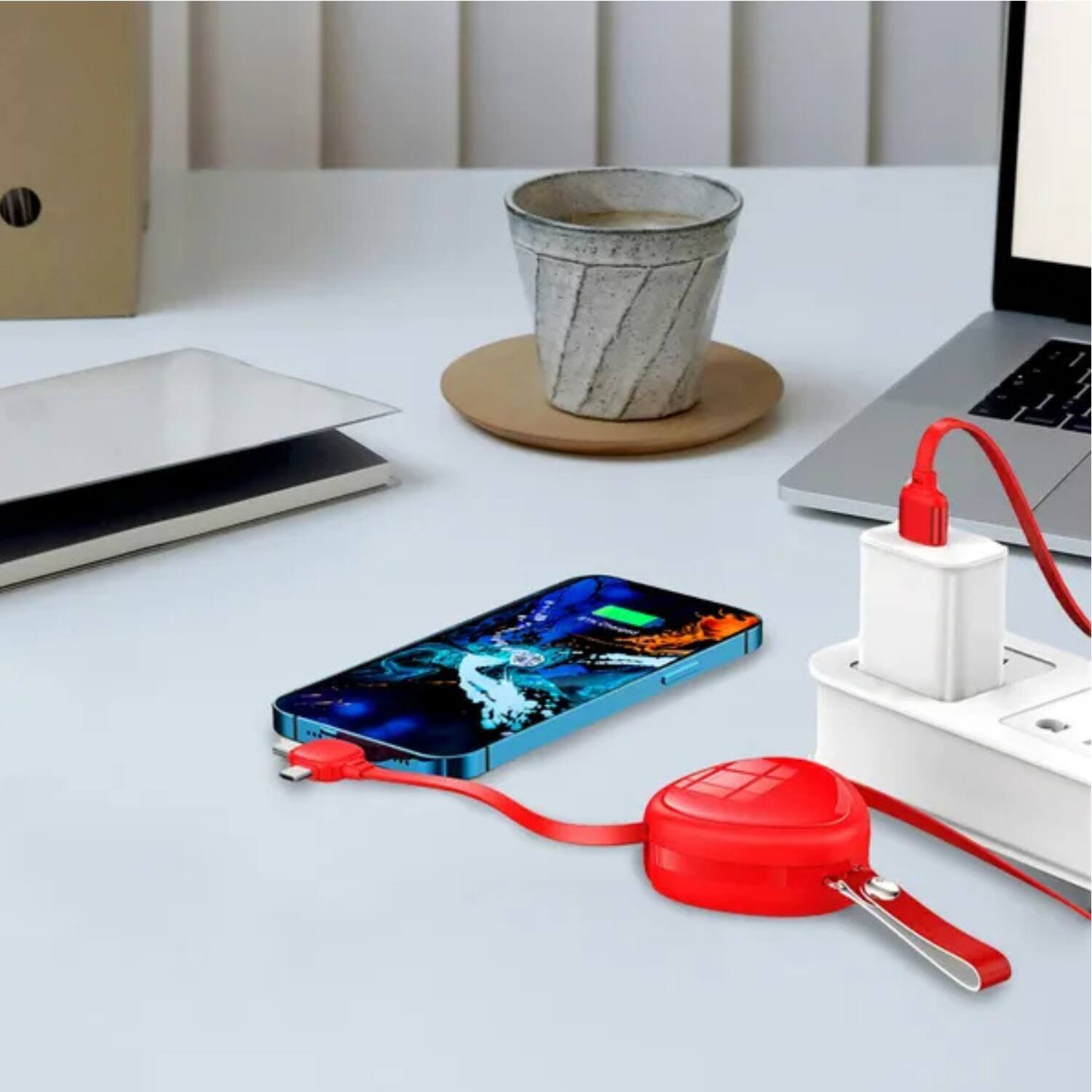 Angle. Stock Preferred - 3-in-1 Retractable Fast Charging Cable - White.