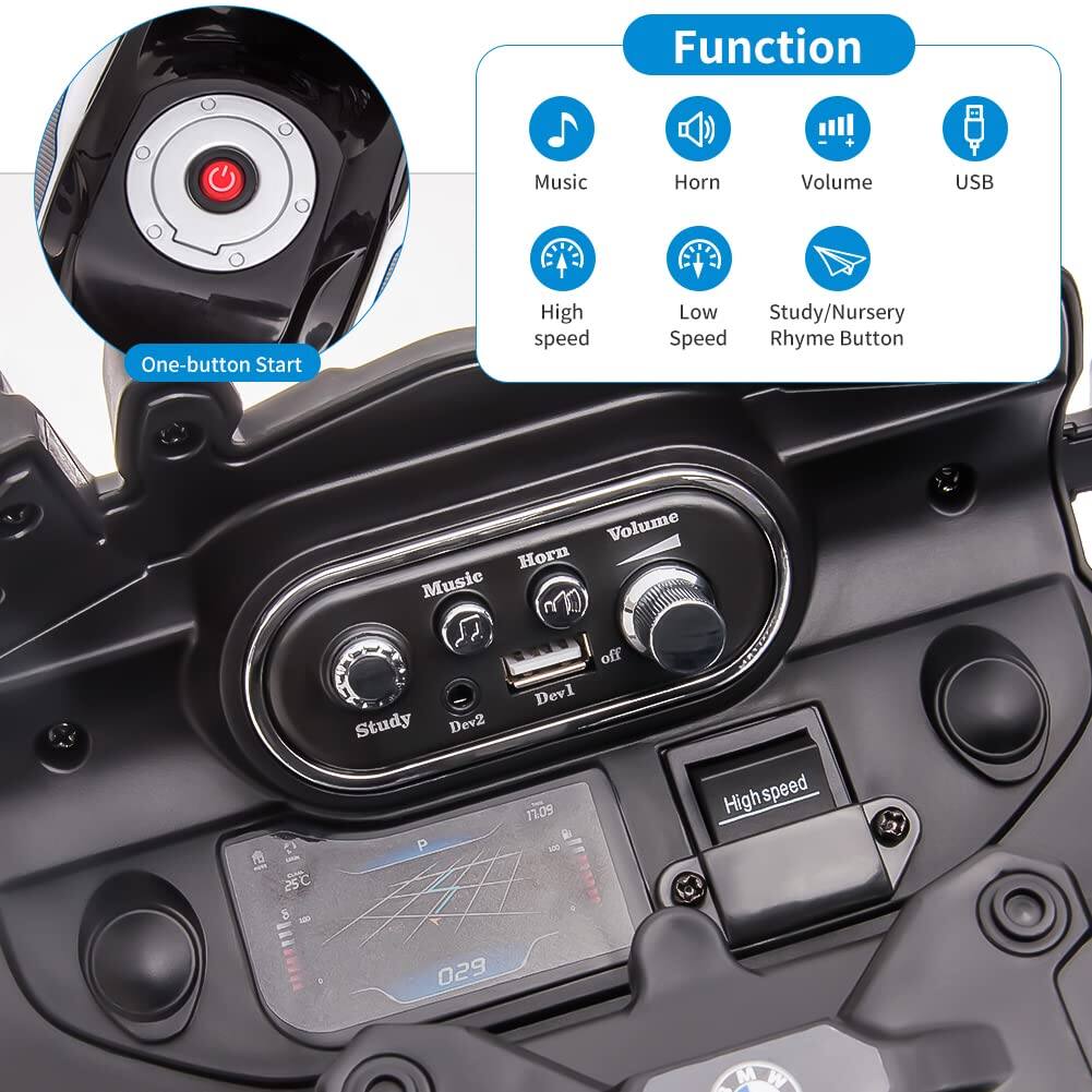 Function  
- Music  
- Horn  
- Volume  
- USB  
- High speed  
- Low speed  
- Study/Nursery Rhyme Button  

One-button Start  

Volume  
- Music  
- Horn  
- Study  
- Dev-2  
- Dev-1  
- USB  

Highspeed  

029