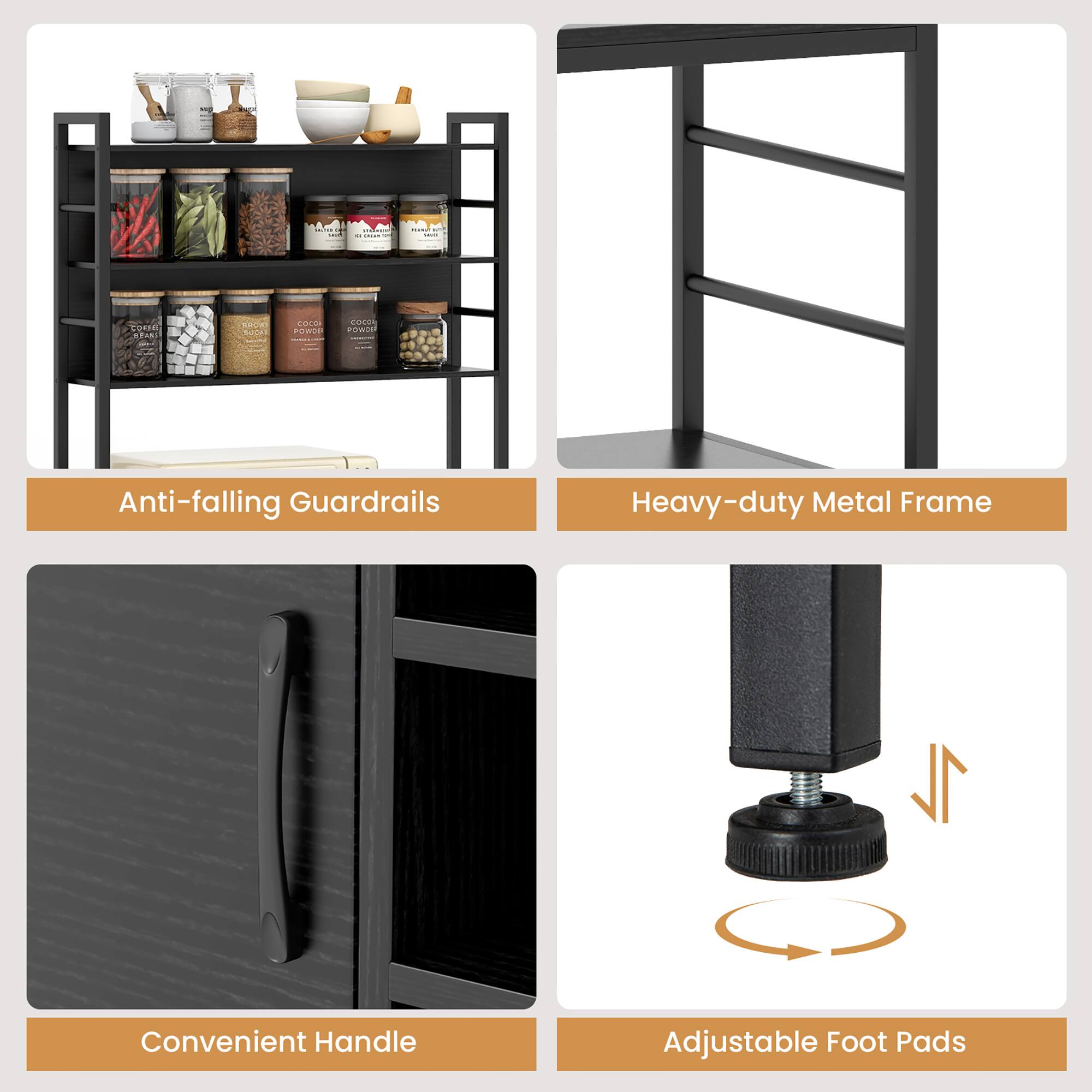 Anti-falling Guardrails  
Heavy-duty Metal Frame  
Convenient Handle  
Adjustable Foot Pads