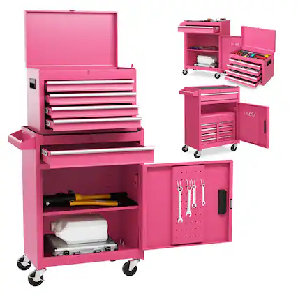 Front. Costway - Costway 2 in 1 Tool Chest & Cabinet with Sliding Drawers Rolling Garage Organizer - Pink.