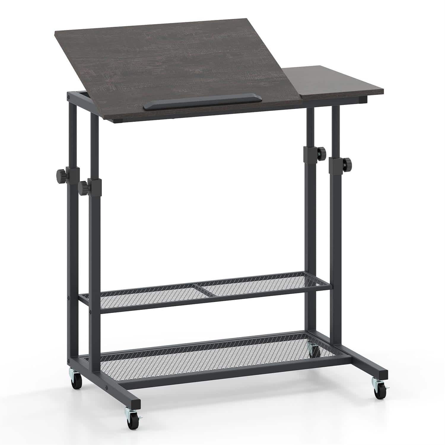 Pefilos - Mobile Height-Adjustable Standing Desk - Rotary Knobs Mesh Shelves, Tilting Tabletop, Oak - Brown