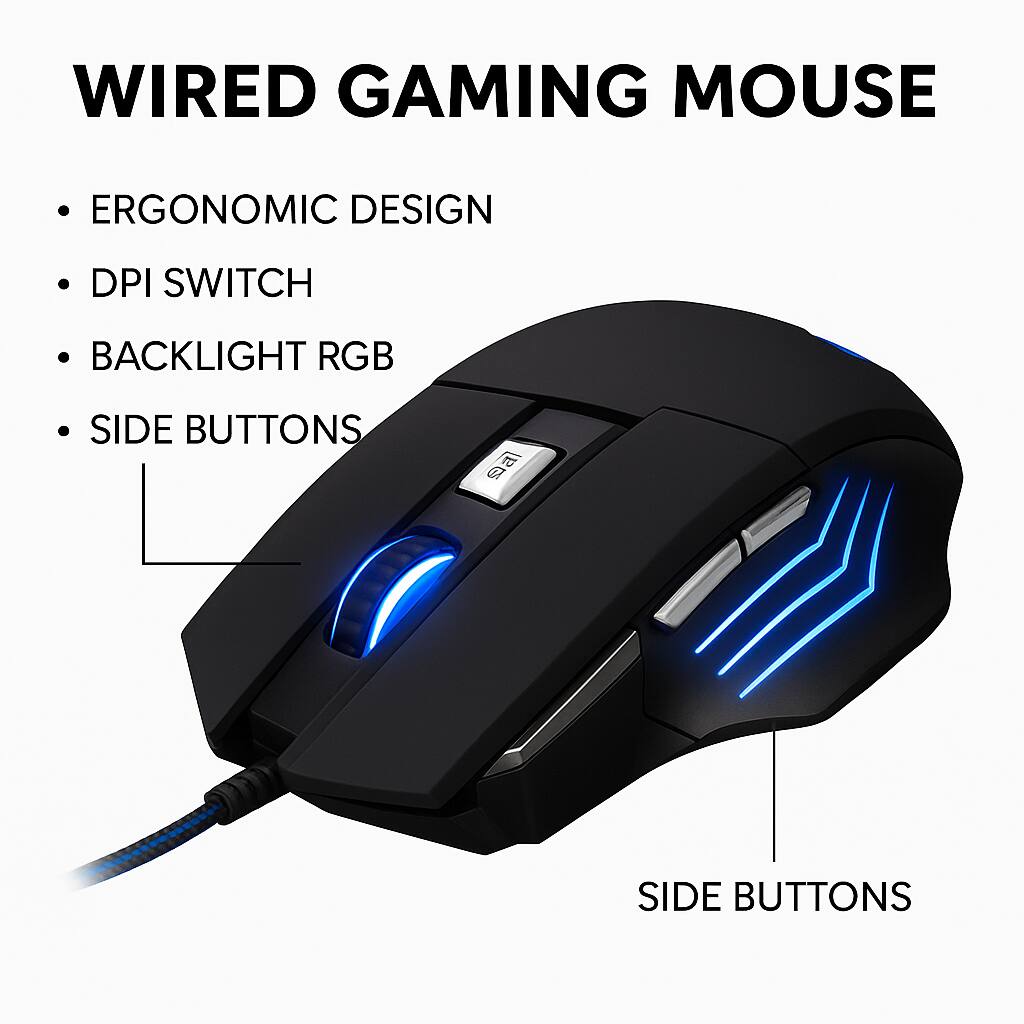Wired Gaming Mouse

- Ergonomic Design
- DPI Switch
- Backlight RGB
- Side Buttons