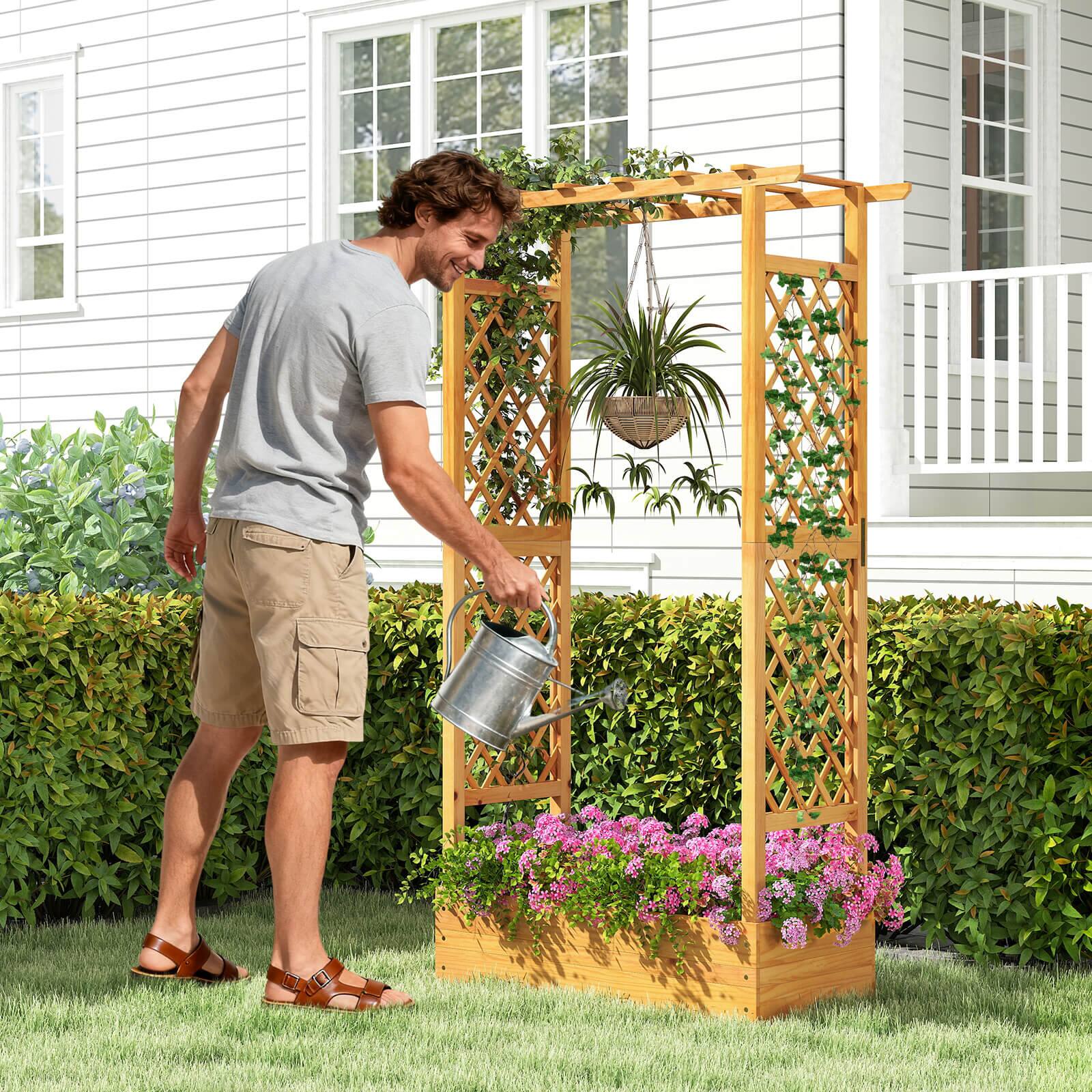 Alt View 3. Costway - Costway 2 PCS 70" Wooden Raised Garden Bed with Lattice Trellis Hanging Roof Open-Ended Base - Natural.