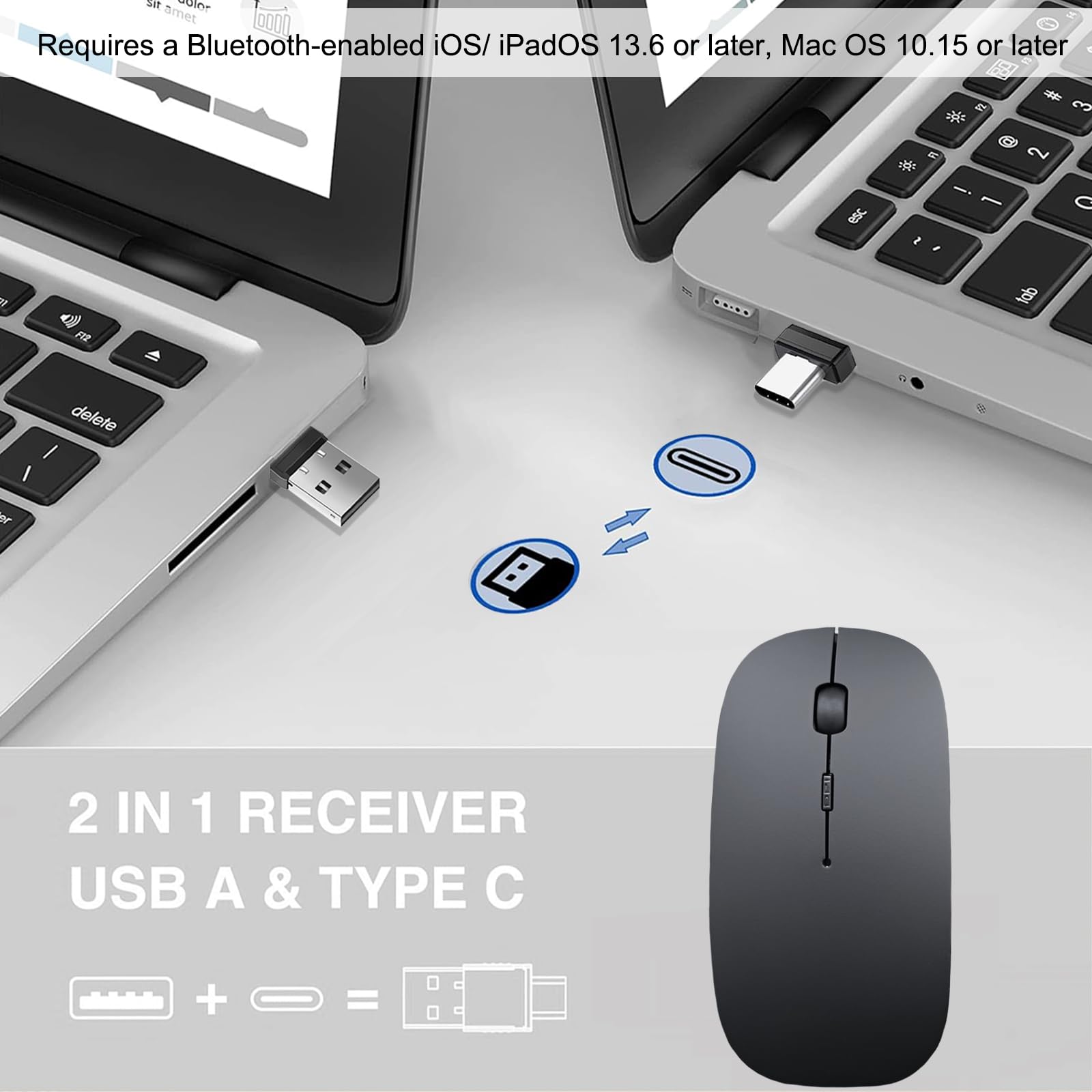 Requires a Bluetooth-enabled iOS/iPadOS 13.6 or later, Mac OS 10.15 or later

2 IN 1 RECEIVER
USB A & TYPE C