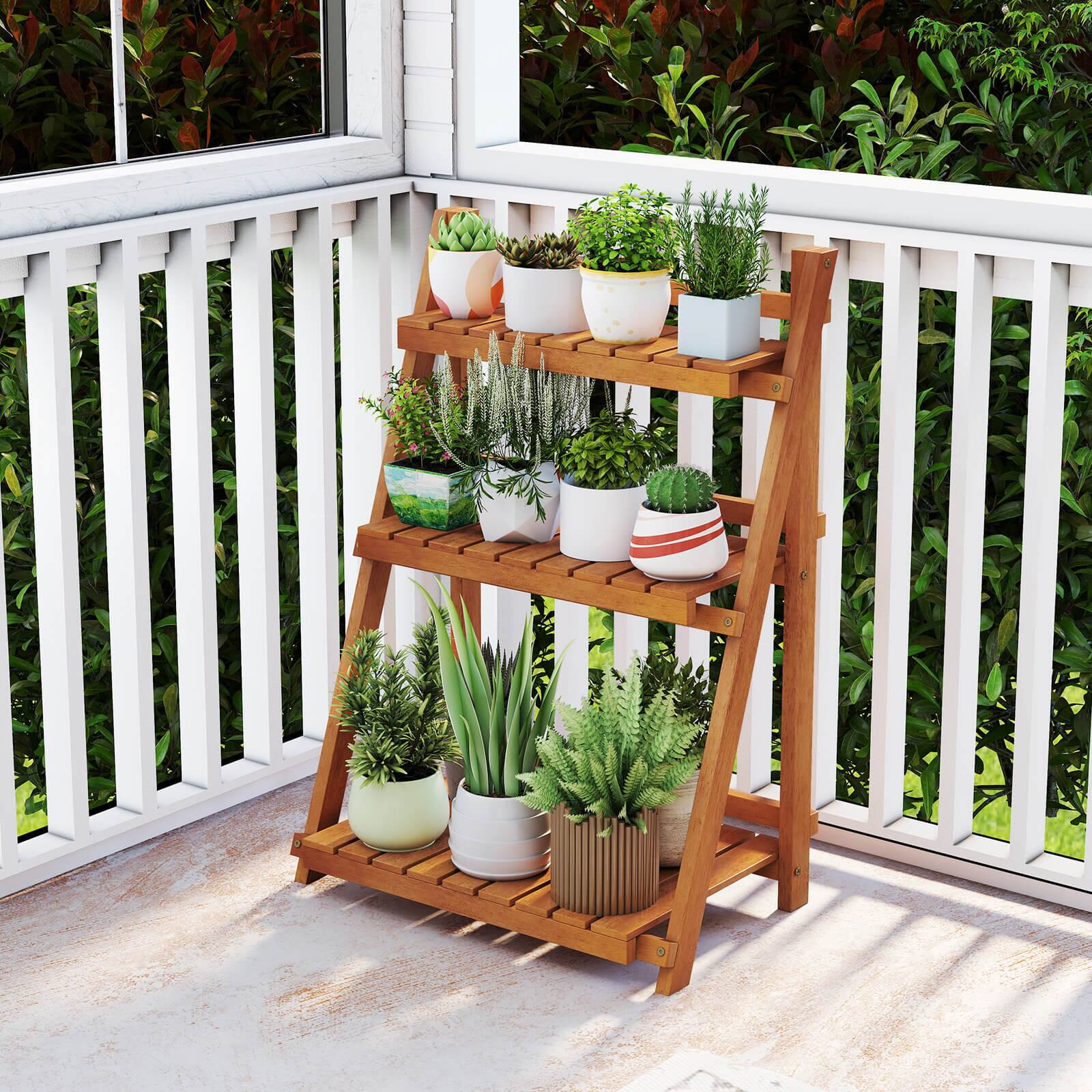 Alt View 4. Costway - Costway 3-Tier Wood Plant Stand Folding Flower Rack w/Ladder Design Anti-falling Bars - Yellow.