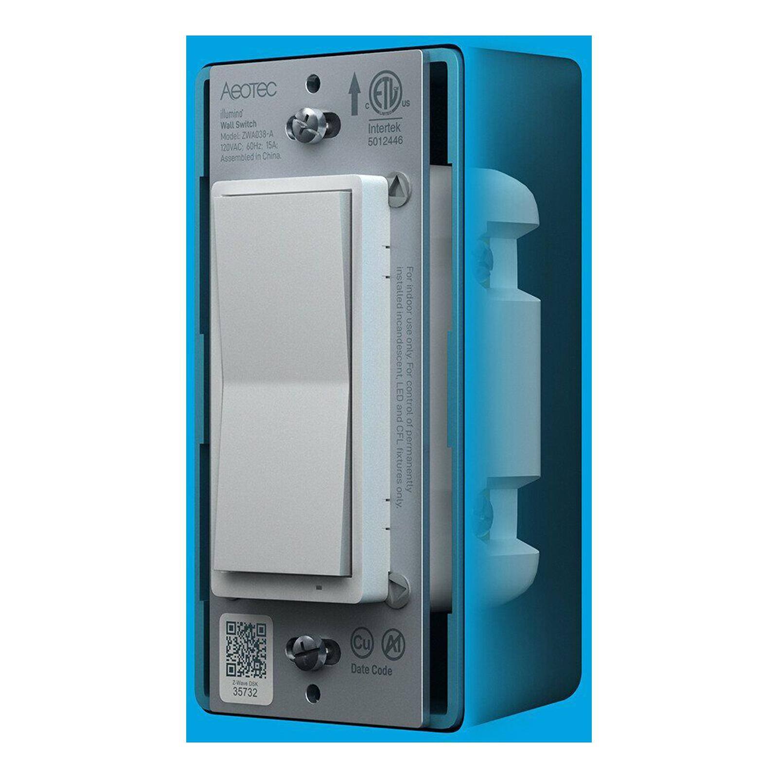 AEOTEC IlluminSwitch Wall Switch Mode ZWA038-A  
Model: ZWA038-A  
120/240VAC 60Hz  
Assembled in China  
E Us Intertek 5012446  
For installed indoor use only  
For control of LED and CFL fixtures only  
Date Code: 35732