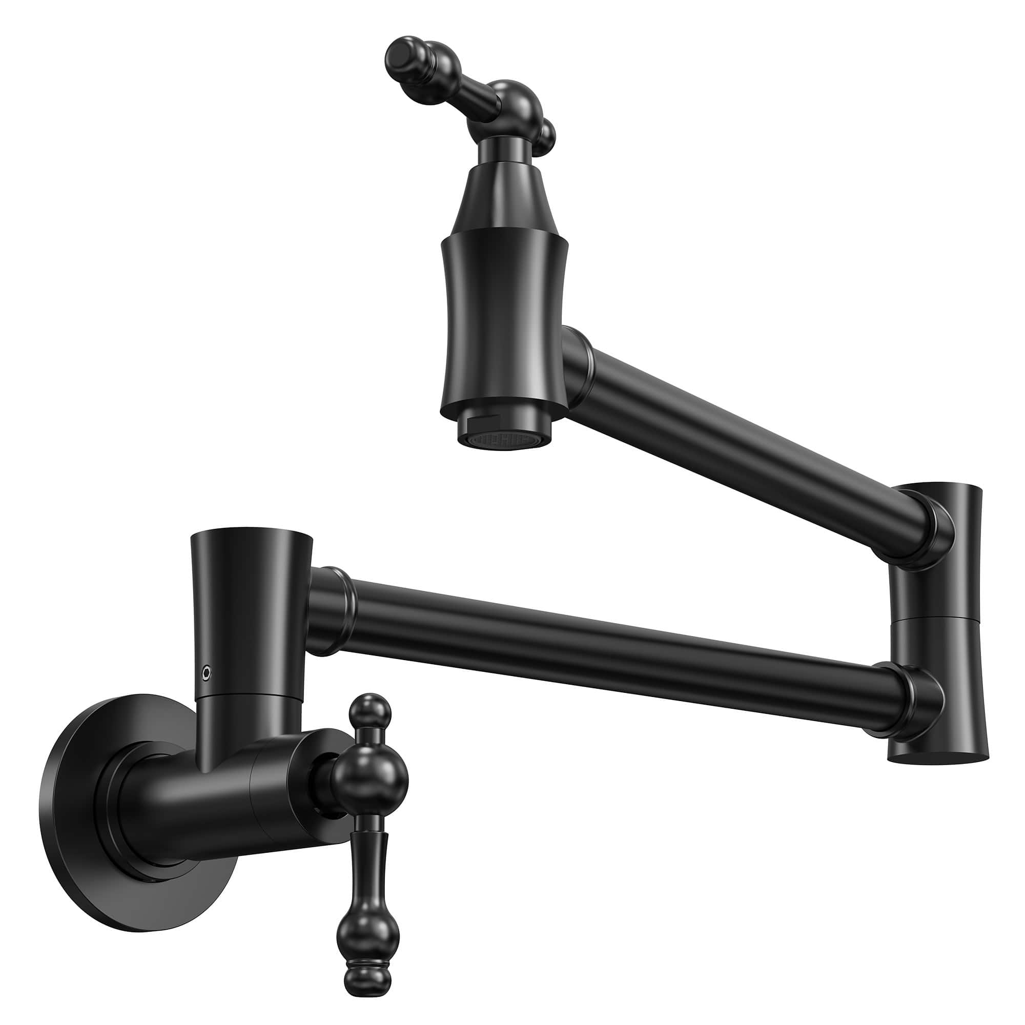 Front. GRANDJOY - Wall Mount Pot Filler Faucet Vintage Dual Handle Compact Folding Arm Solid Brass Stove Fixture - Matte Black.