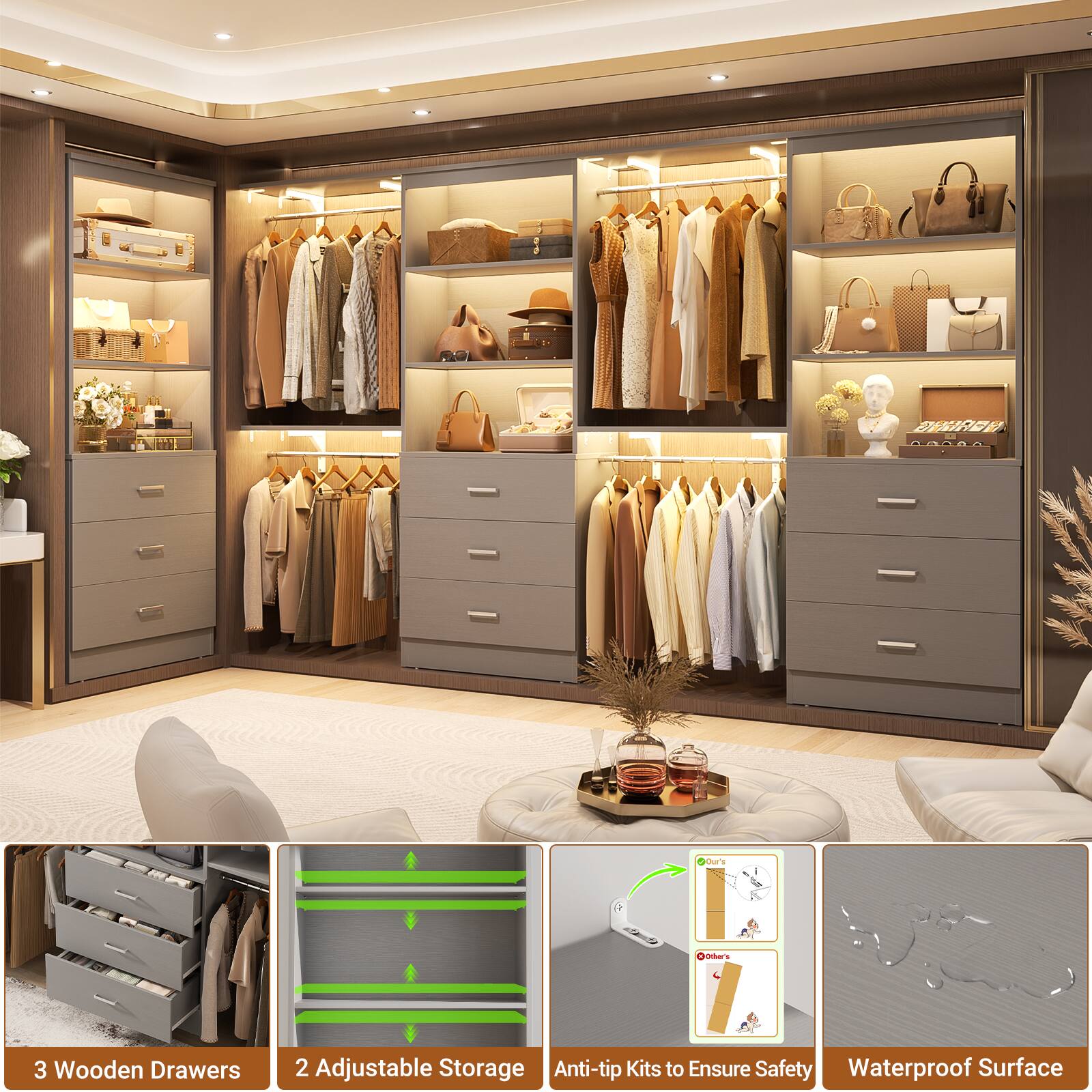 3 Wooden Drawers  
2 Adjustable Storage  
Anti-tip Kits to Ensure Safety  
Waterproof Surface