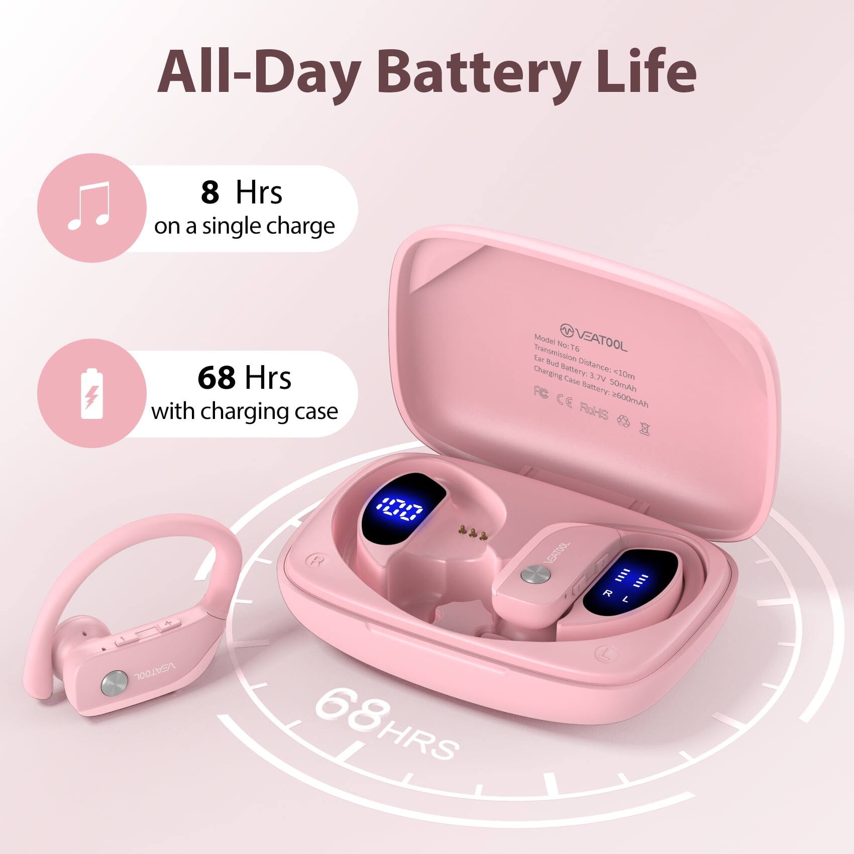 All-Day Battery Life  
8 Hrs on a single charge  
68 Hrs with charging case  

Model: VEATOOL NTS  
Transmission Ear Bud  
Charging Distance: 10m  
Charging Battery: 50mAh  
Charging Case Battery: 2600mAh  

CE  
RoHS  

VEATOOL  
68 HRS