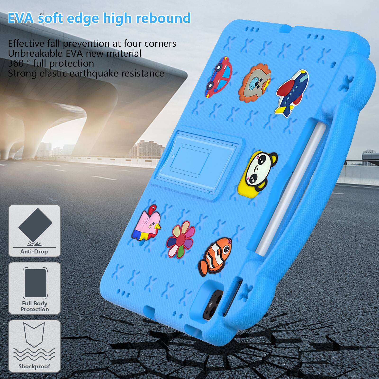 EVA soft edge high rebound  
Effective fall prevention at four corners  
Unbreakable EVA new material  
360° full protection  
Strong elastic earthquake resistance  

Anti-Drop  
Full Body Protection  
Shockproof