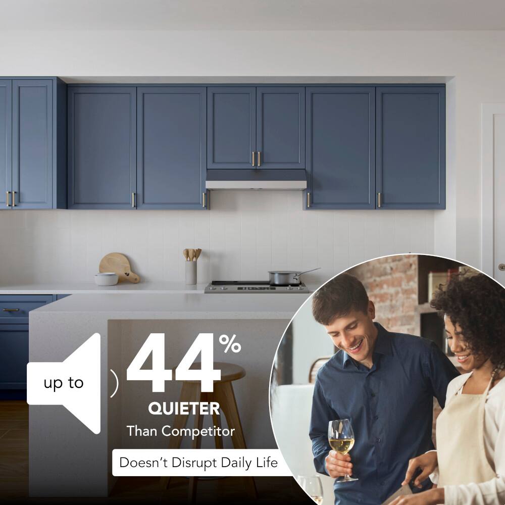 The text on the image reads: "Up to 44% Quieter Than Competitor Doesn't Disrupt Daily Life."