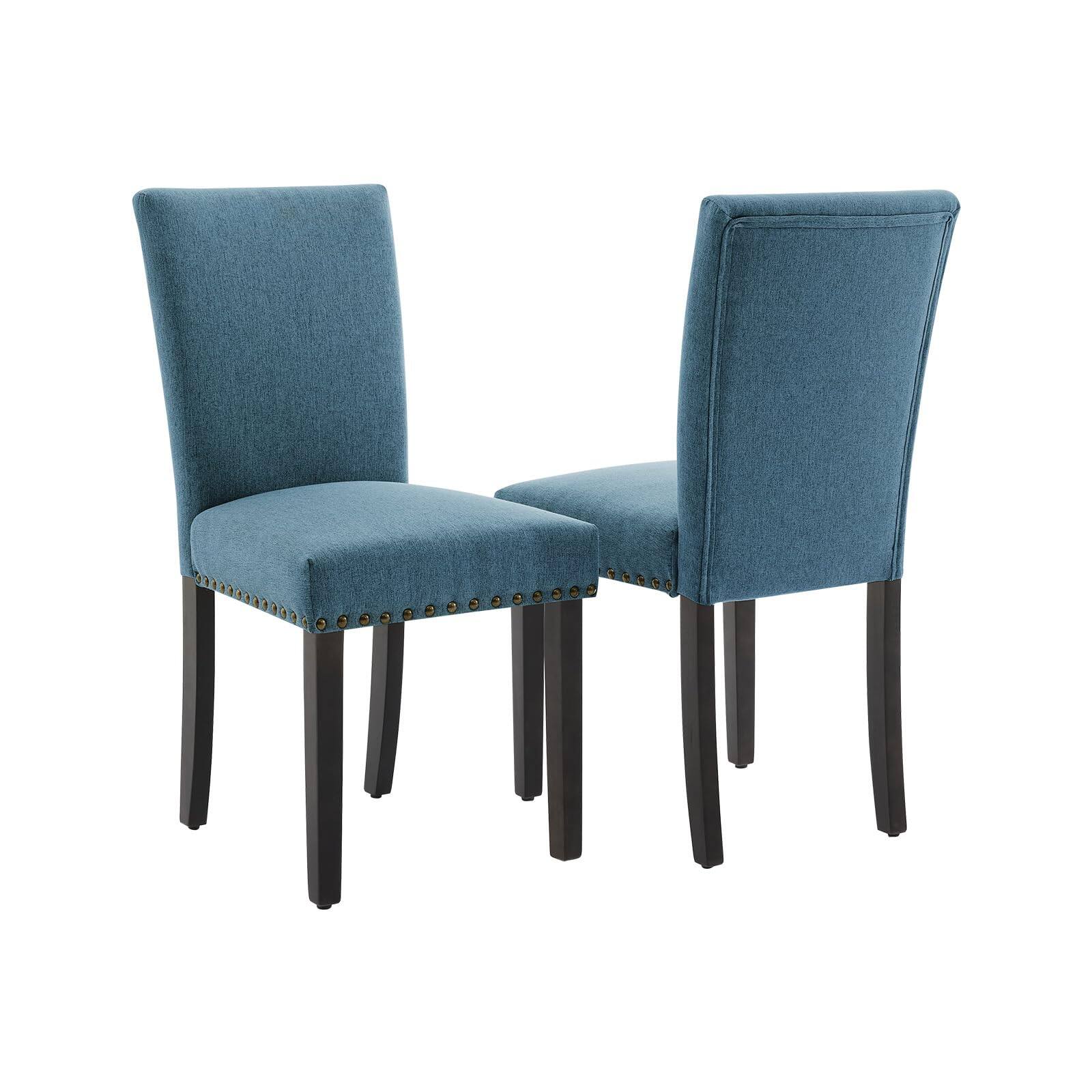 Front. Jojoka - Dining Chairs Set of 2, Linen Fabric Upholstered Parsons Diner Room Chair Sets, Nailhead Trim Design - Blue.
